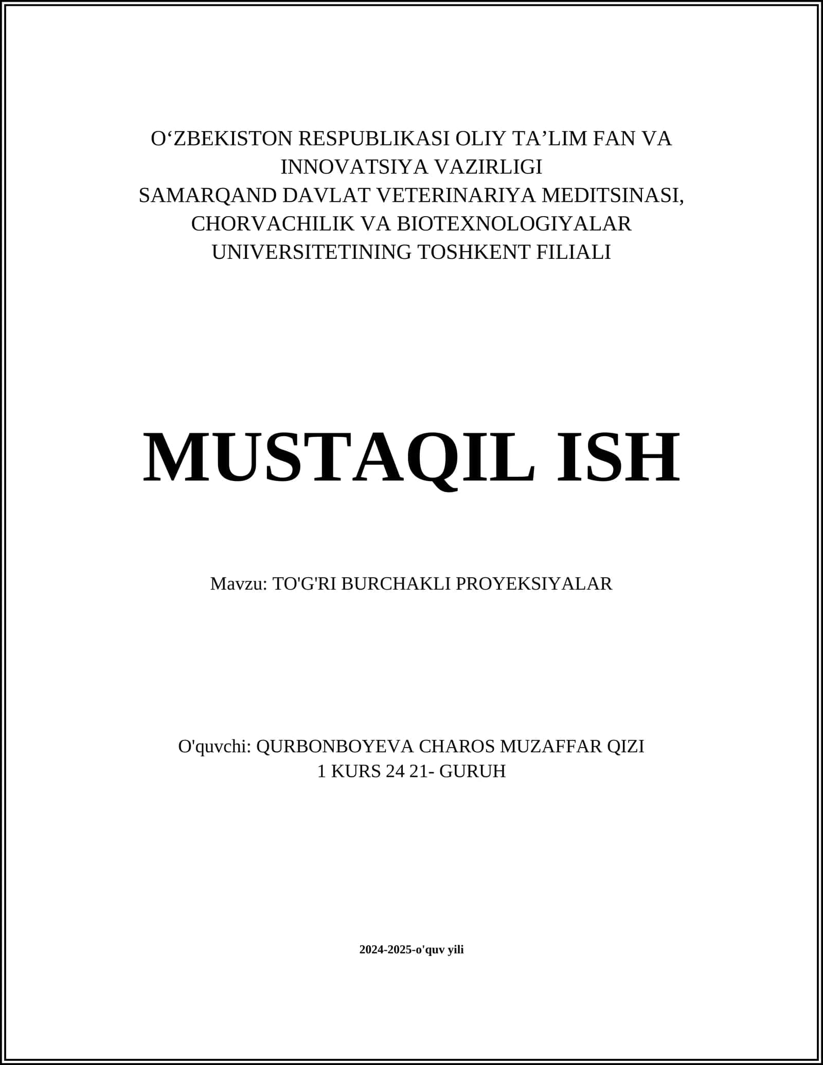 TO'G'RI BURCHAKLI PROYEKSIYALAR 1