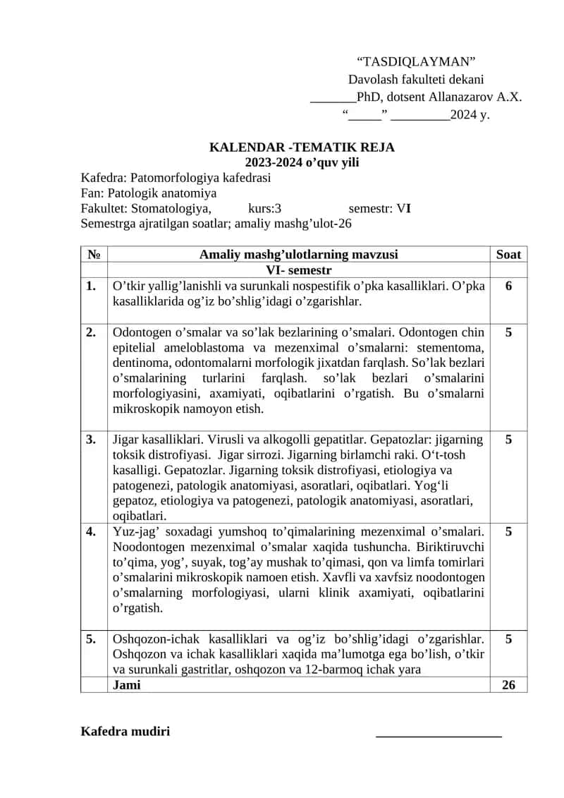KALENDAR -TEMATIK REJA 2023-2024 o’quv yili 1