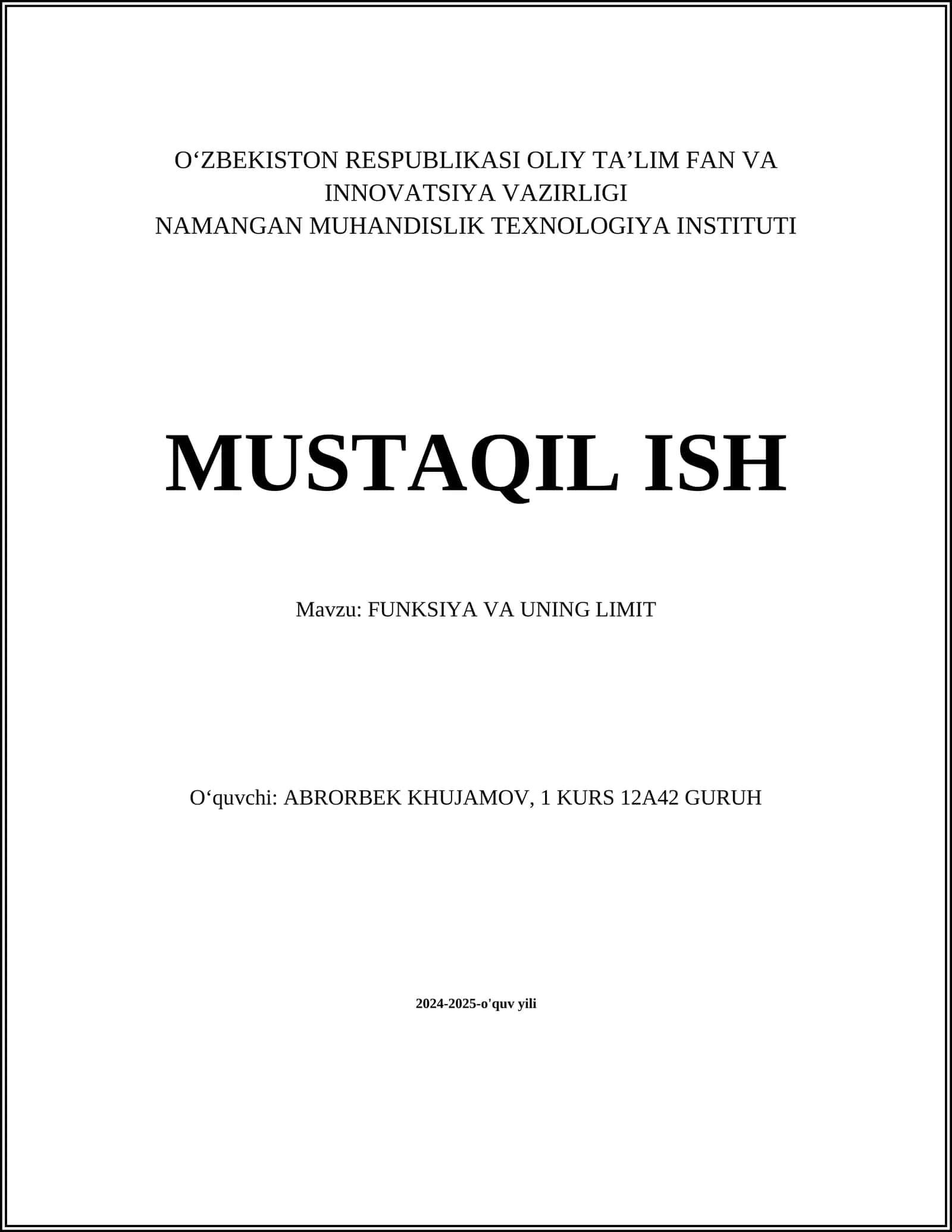 FUNKSIYA VA UNING LIMIT 1