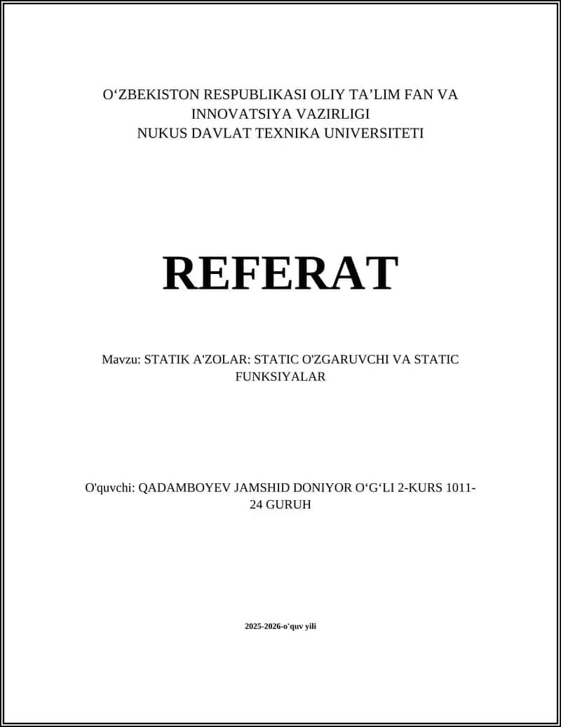 STATIK A'ZOLAR: STATIC O'ZGARUVCHI VA STATIC FUNKSIYALAR 1