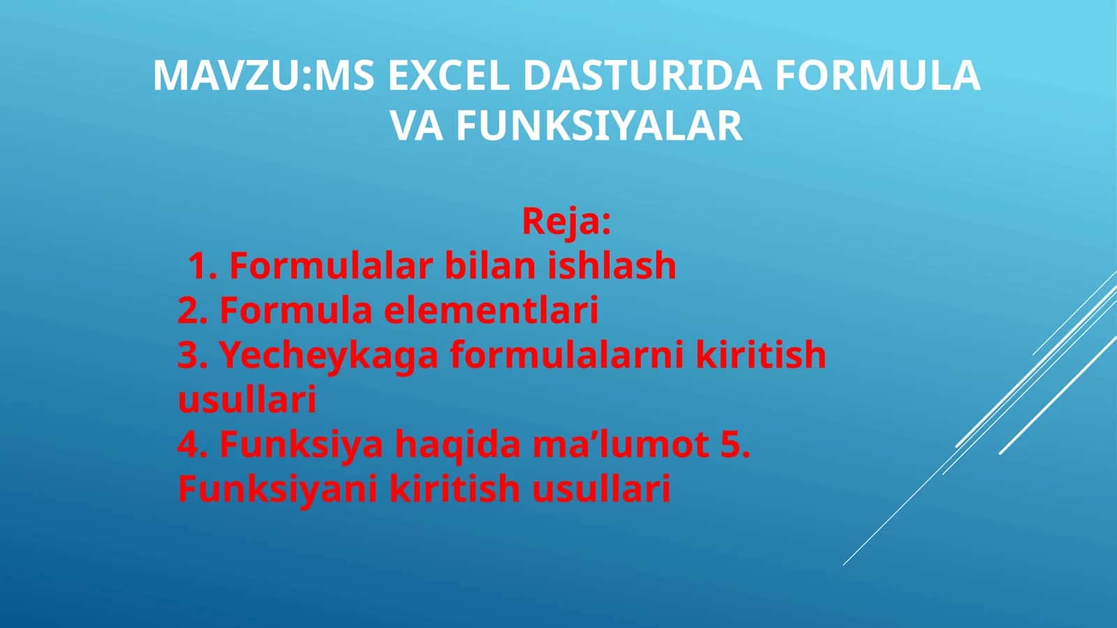 EXCEL dasturida funksiya va formulalar 1