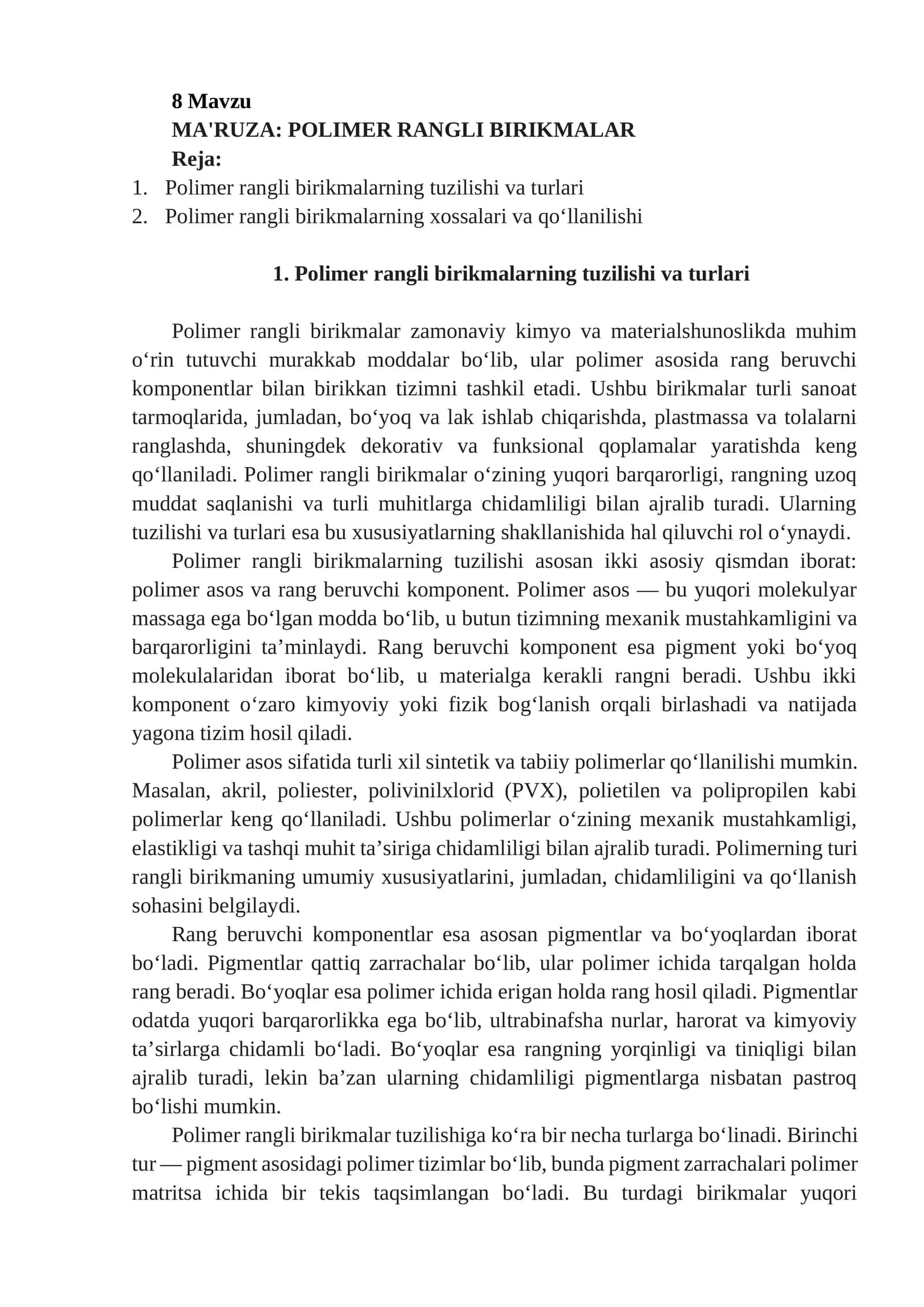 MA'RUZA: POLIMER RANGLI BIRIKMALAR 1