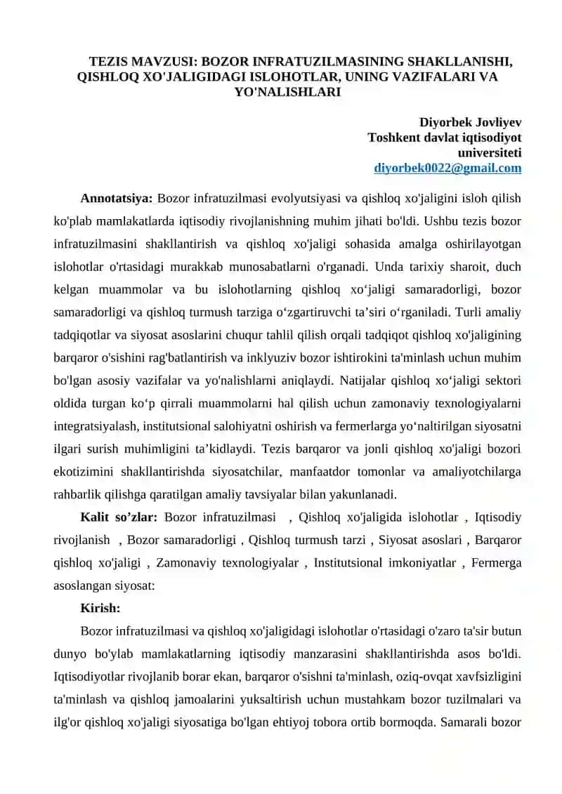 TEZIS MAVZUSI: BOZOR INFRATUZILMASINING SHAKLLANISHI, QISHLOQ XO'JALIGIDAGI ISLOHOTLAR, UNING VAZIFALARI VA YO'NALISHLARI
