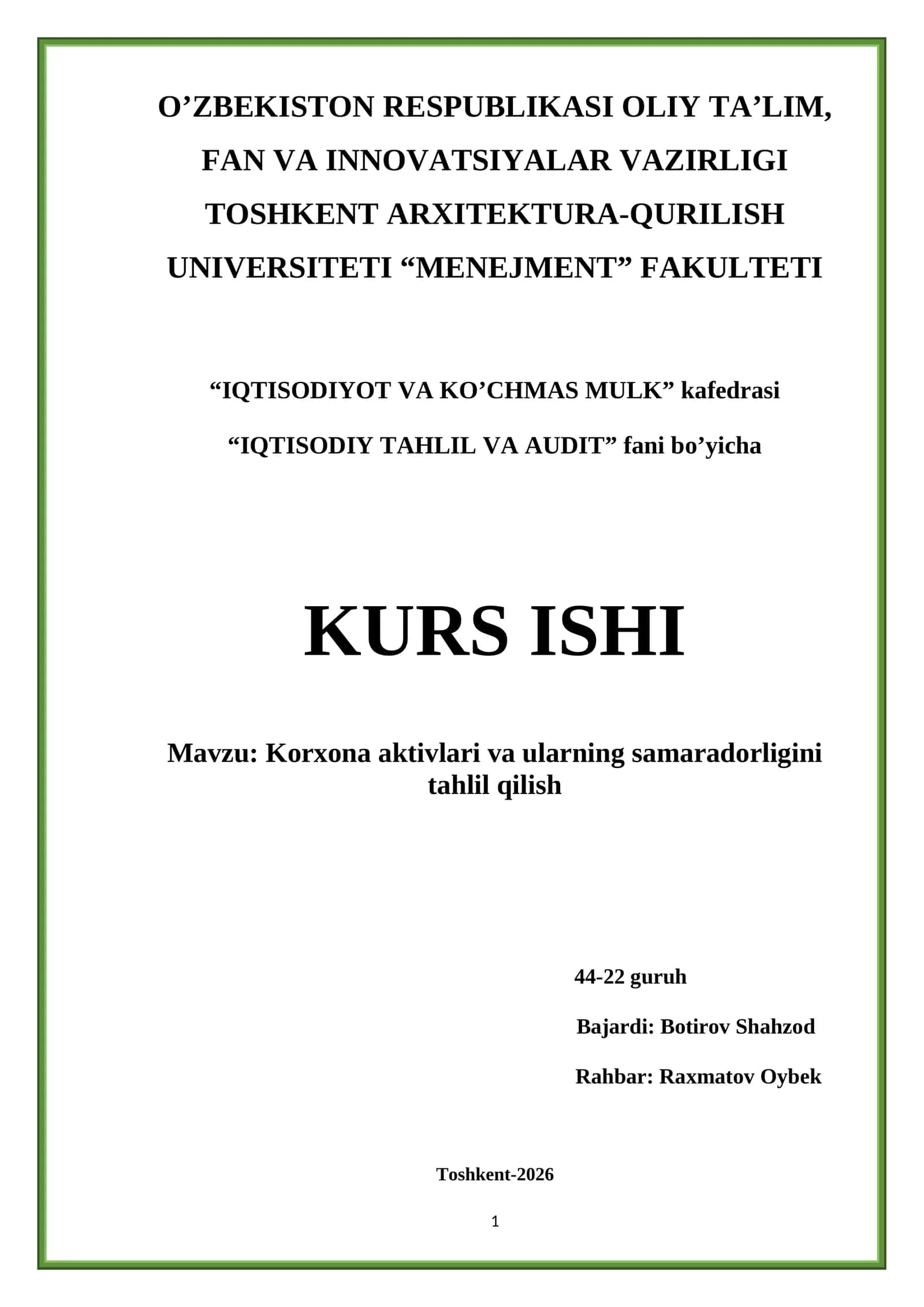 Korxona aktivlari va ularning samaradorligini tahlil qilish 1