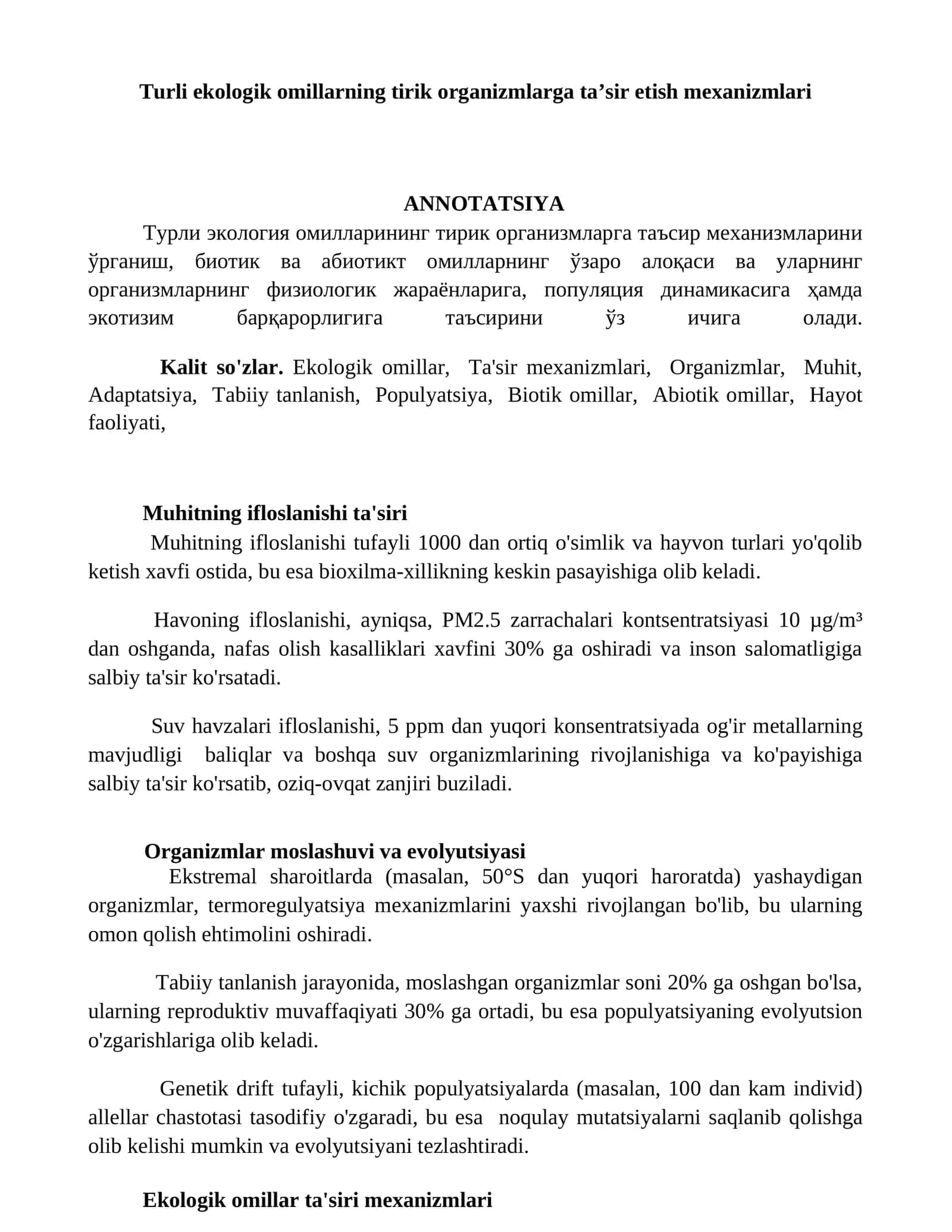 Turli ekologik omillarning tirik organizmlarga ta’sir etish mexanizmlari 1