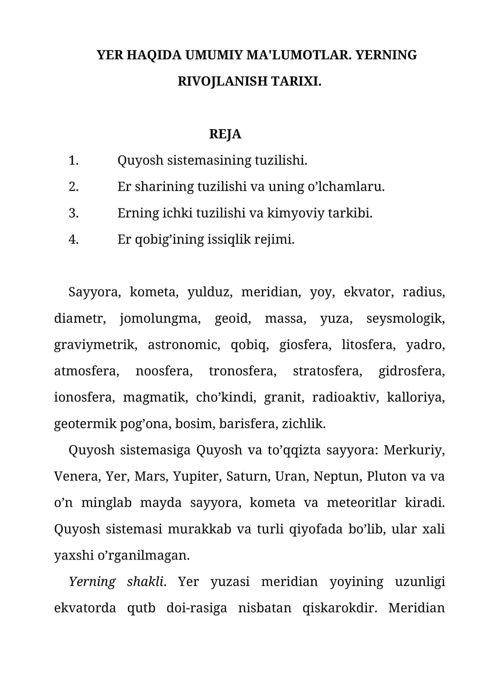 Yer haqida umumiy ma'lumotlar 1