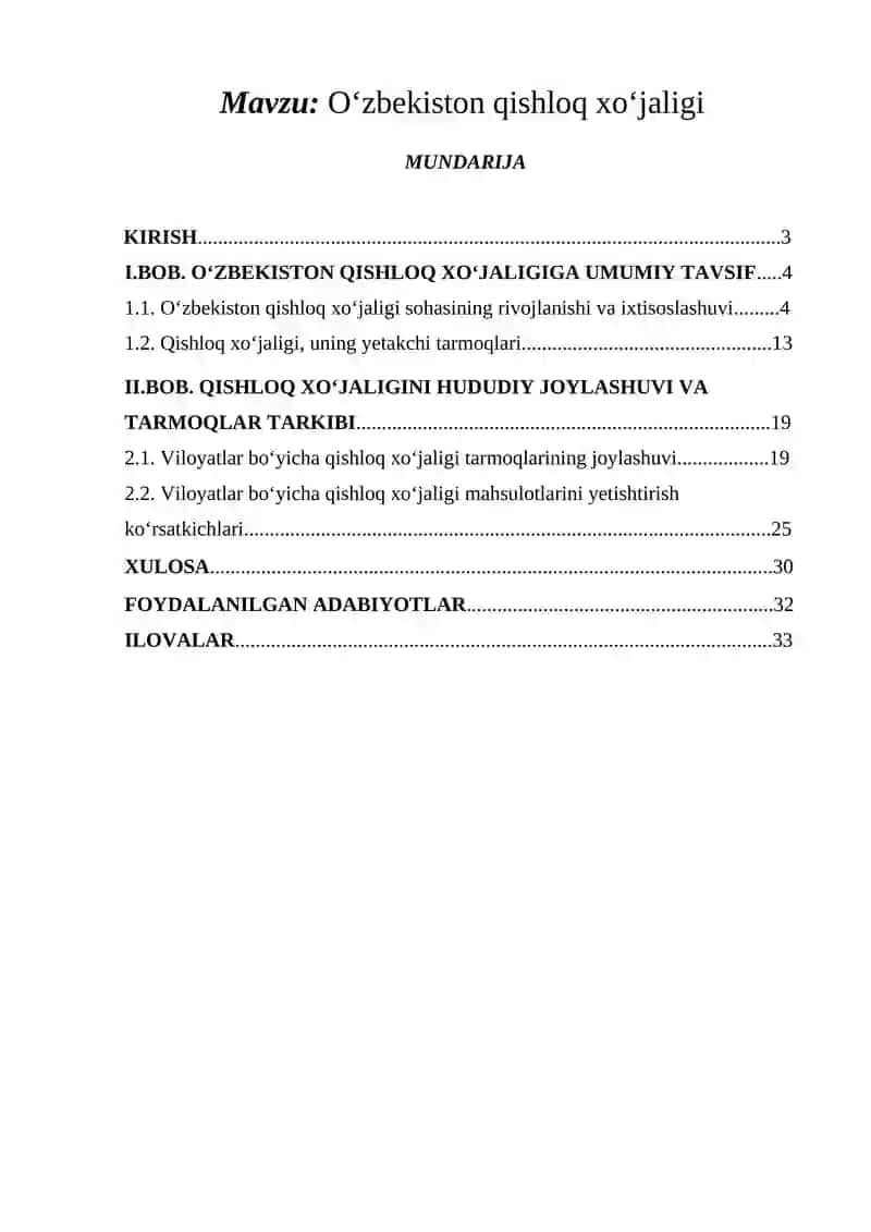 O‘zbekiston qishloq xo‘jaligi kurs ishi