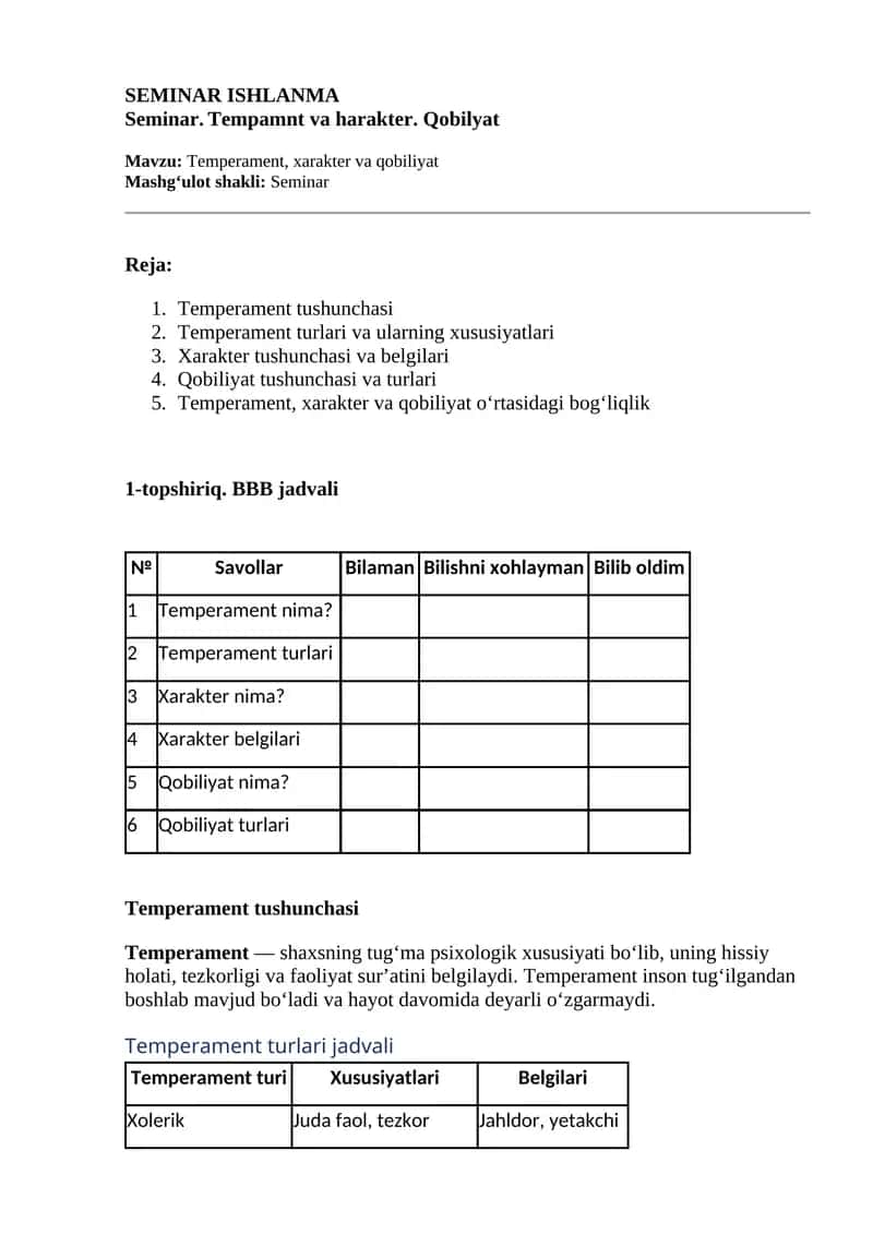 Tempamnt va harakter. Qobilyat 1