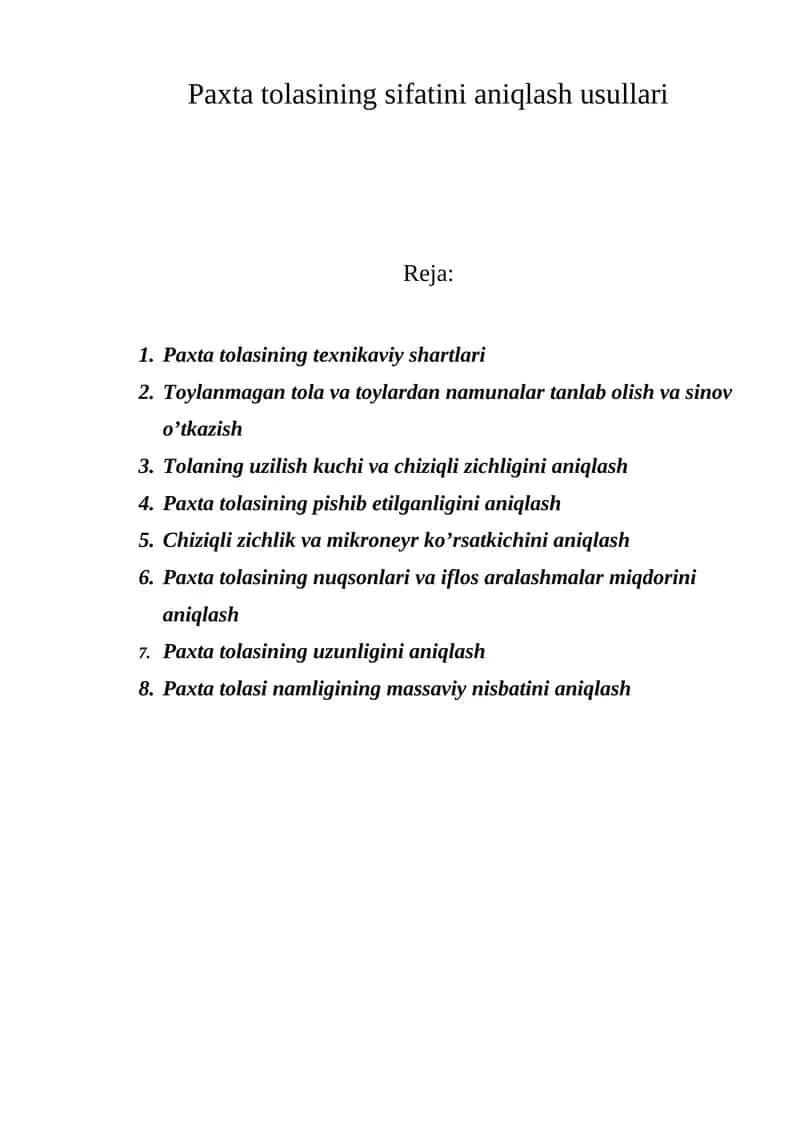 Paxta tolasining sifatini aniqlash usullari 1