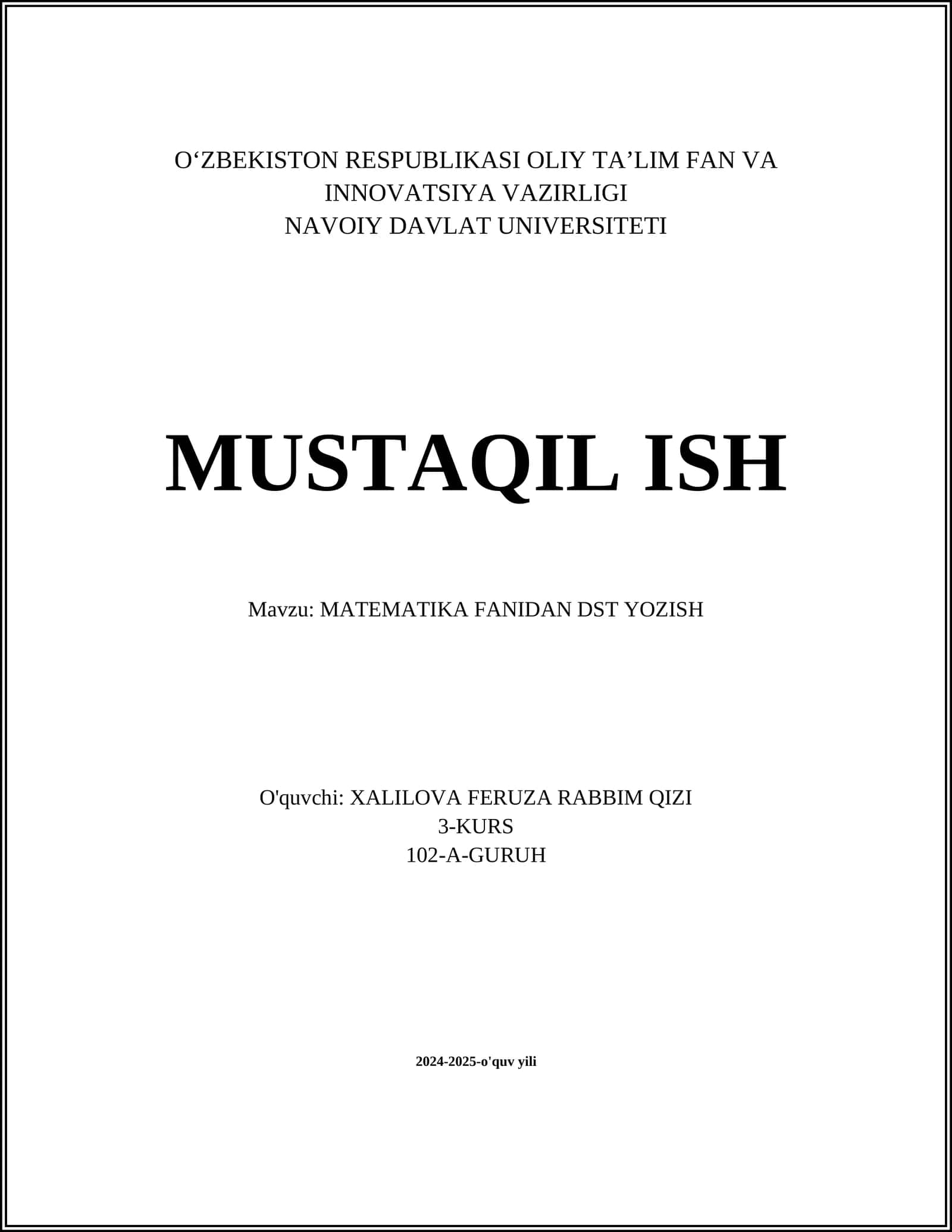 MATEMATIKA FANIDAN DST YOZISH 1