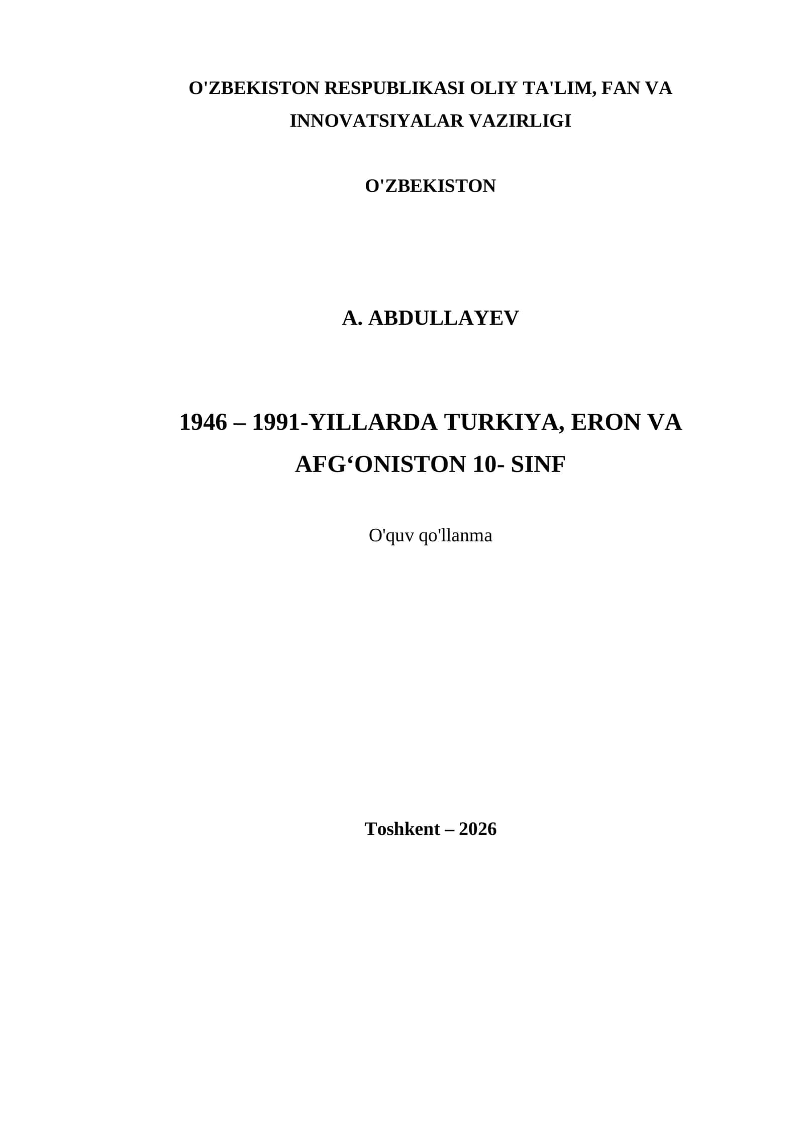 1946 – 1991-YILLARDA TURKIYA, ERON VA AFG‘ONISTON 10- SINF 1