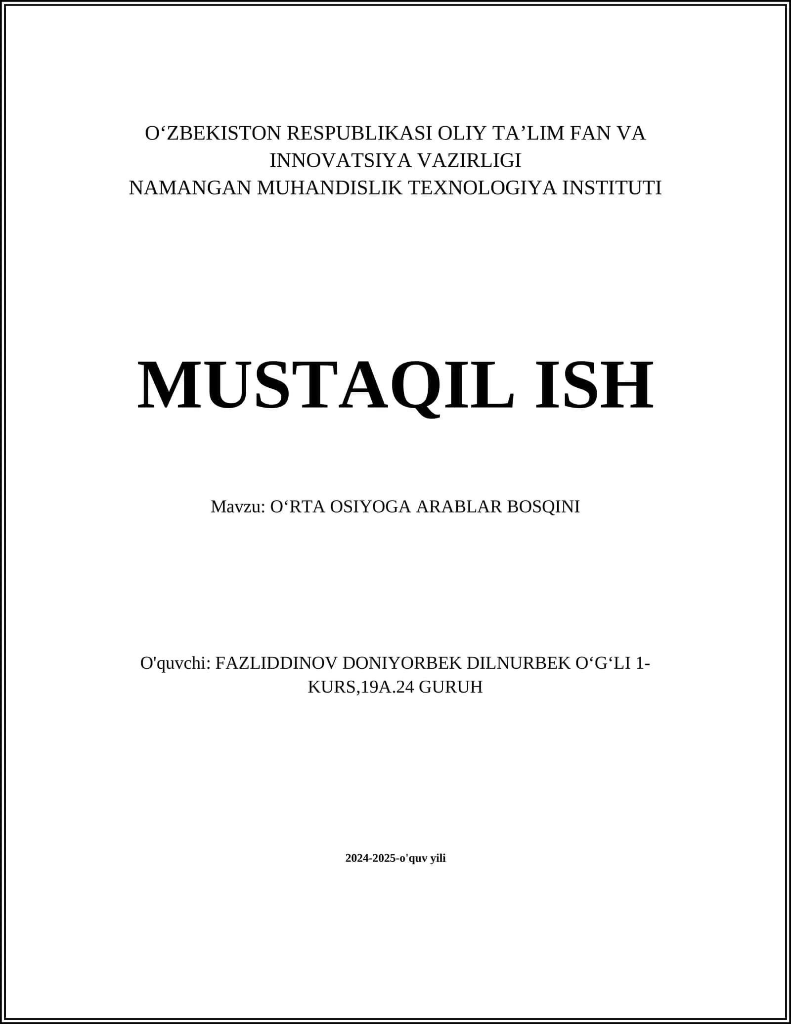 OʻRTA OSIYOGA ARABLAR BOSQINI 1