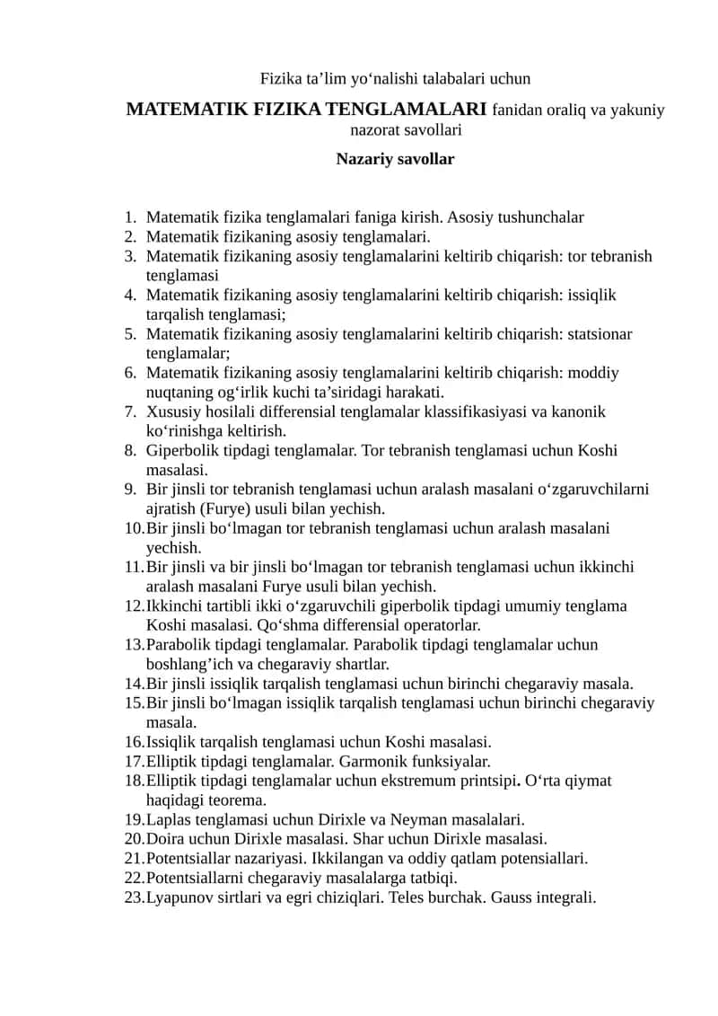 MATEMATIK FIZIKA TENGLAMALARI 1