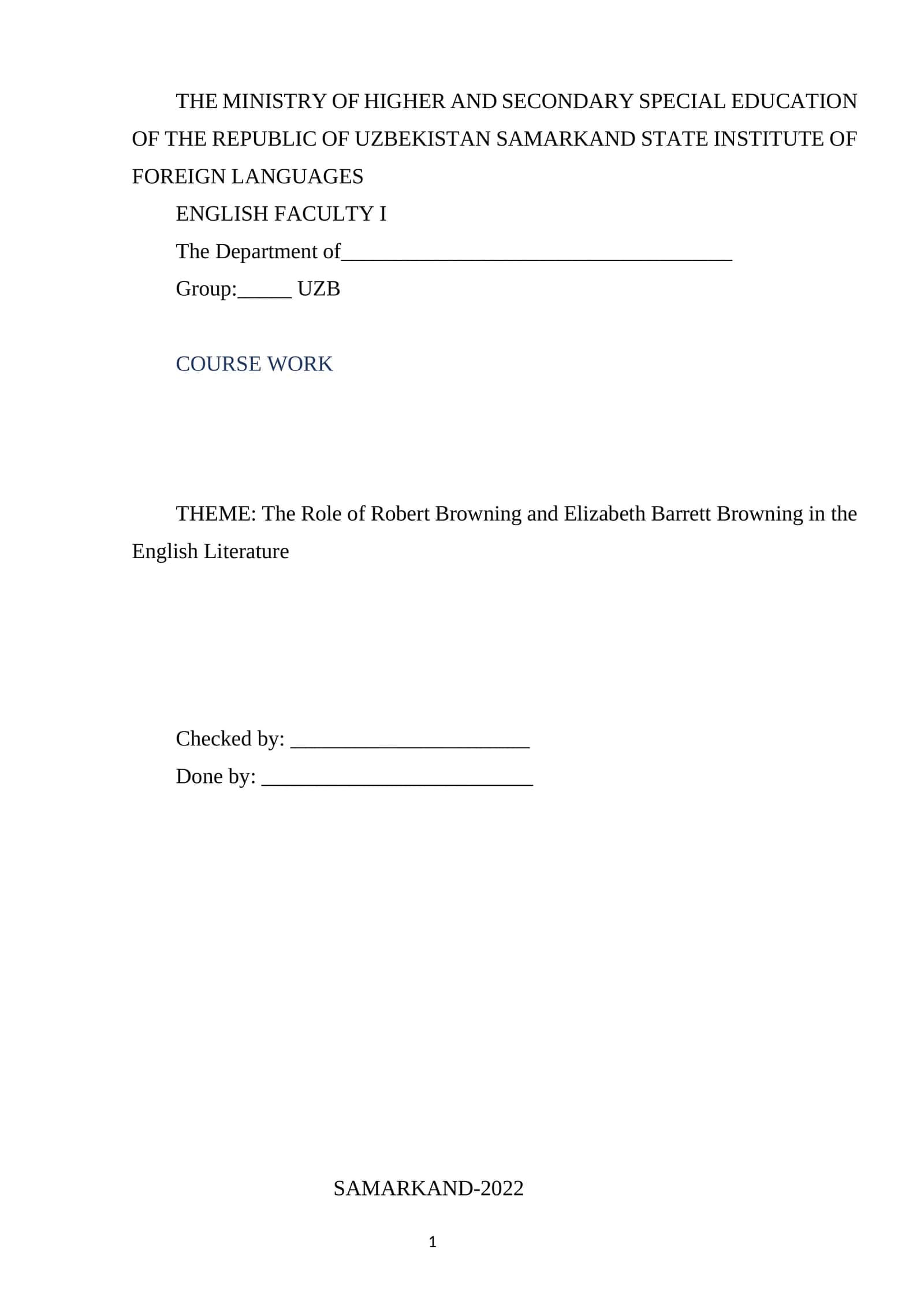 Course Work on Robert Browning and Elizabeth Barrett Browning 1