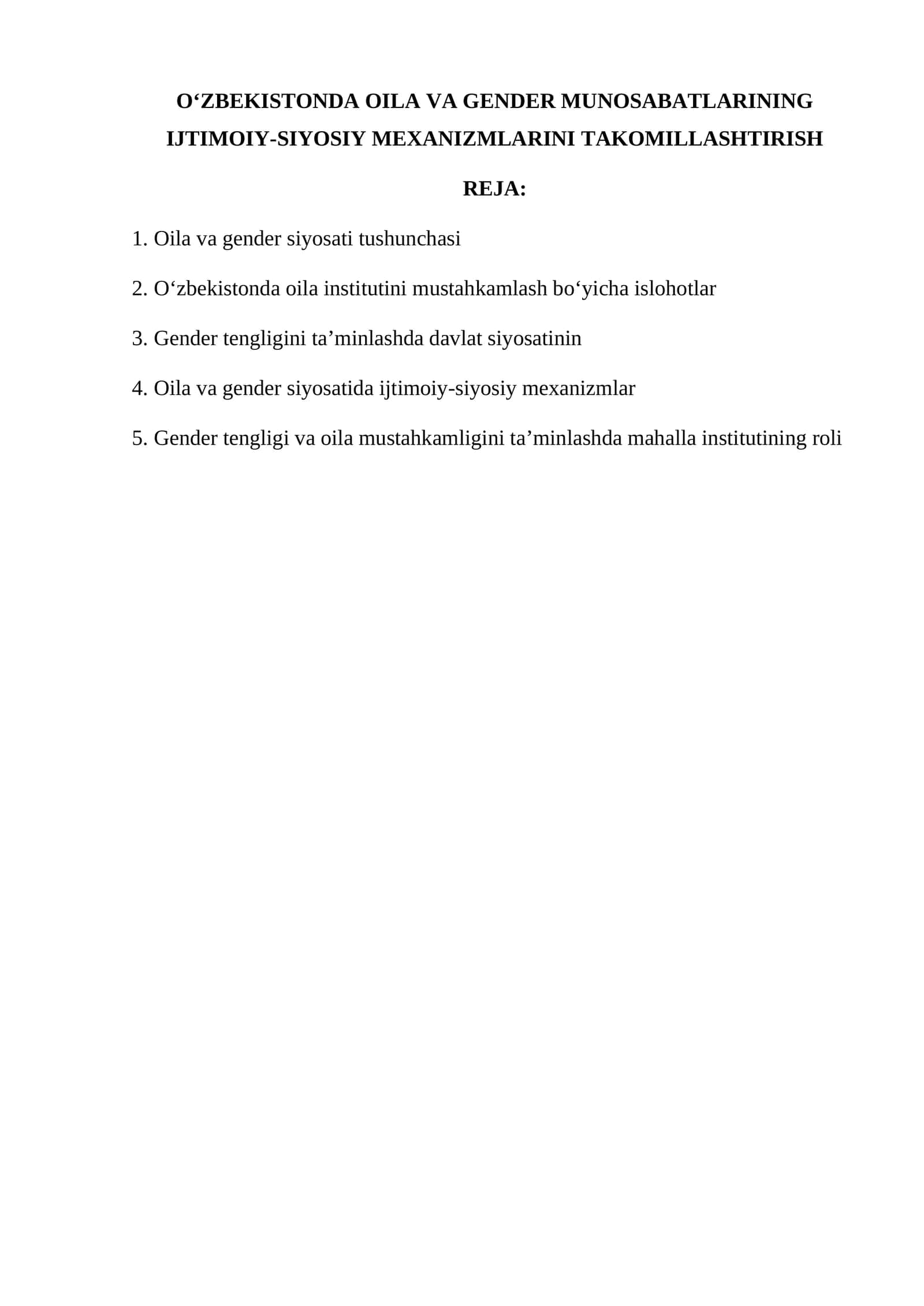 O‘ZBEKISTONDA OILA VA GENDER MUNOSABATLARINING IJTIMOIY-SIYOSIY MEXANIZMLARINI TAKOMILLASHTIRISH 1