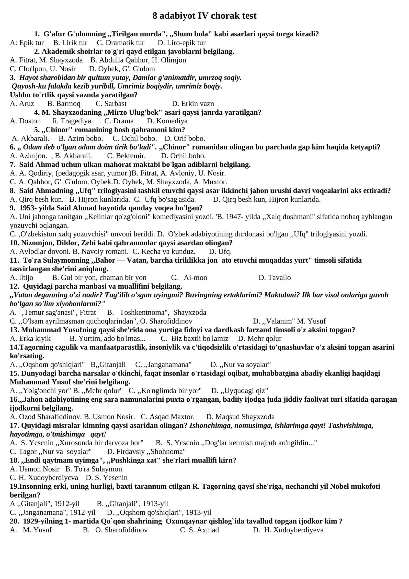 8 adabiyot IV chorak test 1