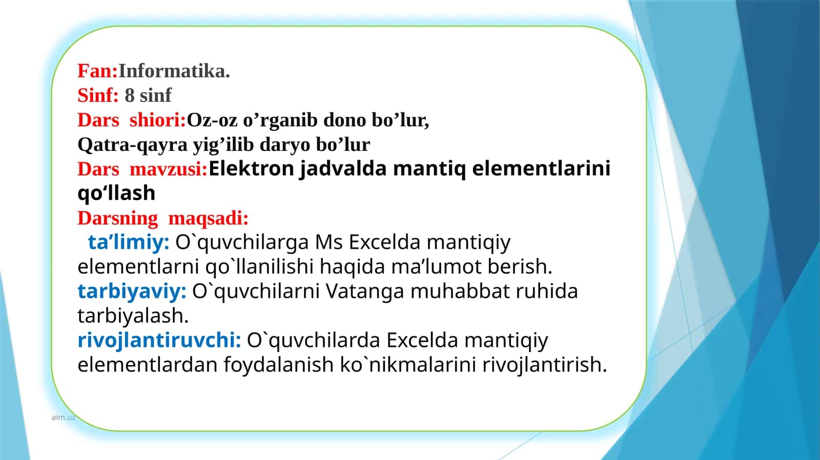 Elektron jadval va damaq elementlarini qo‘llash 1