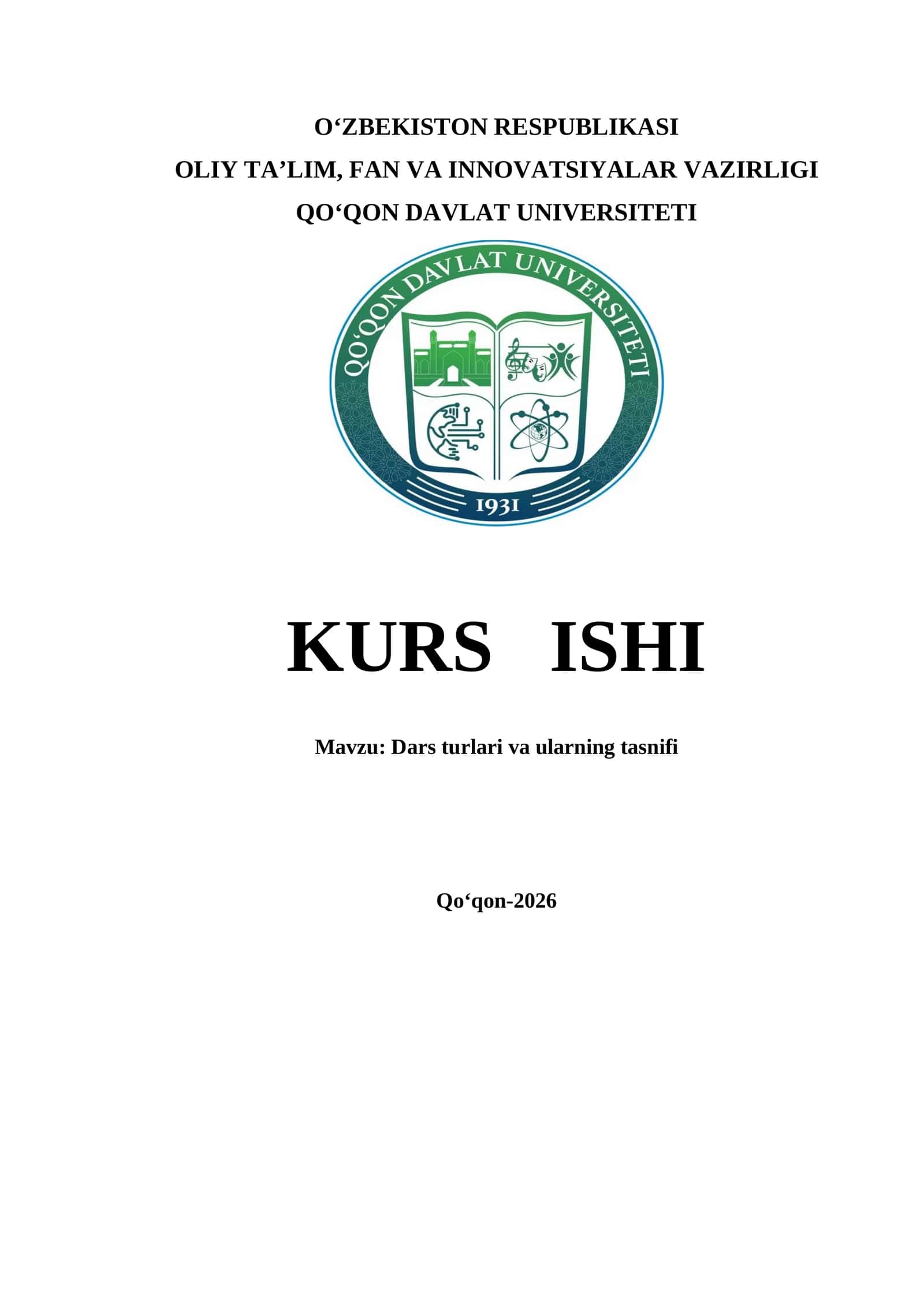 Dars turlari va ularning tasnifi kurs ishi 1