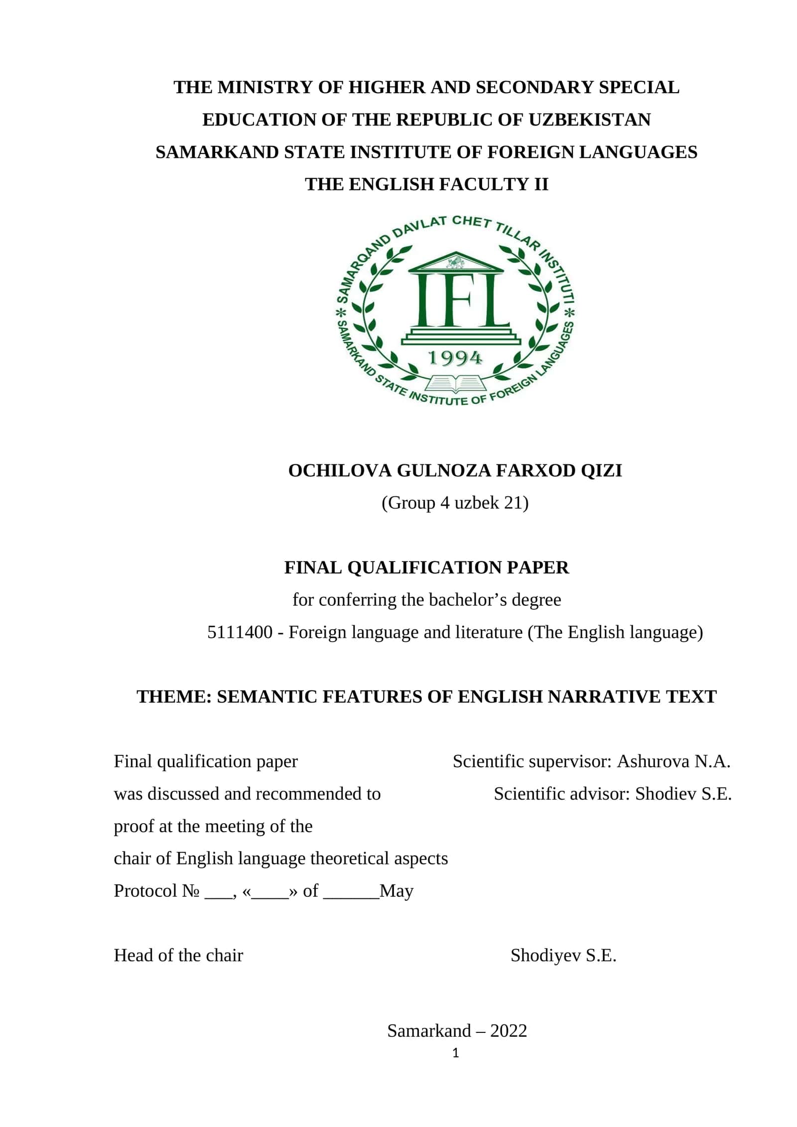 Final Qualification Paper: "Semantik xususiyatlari" 1