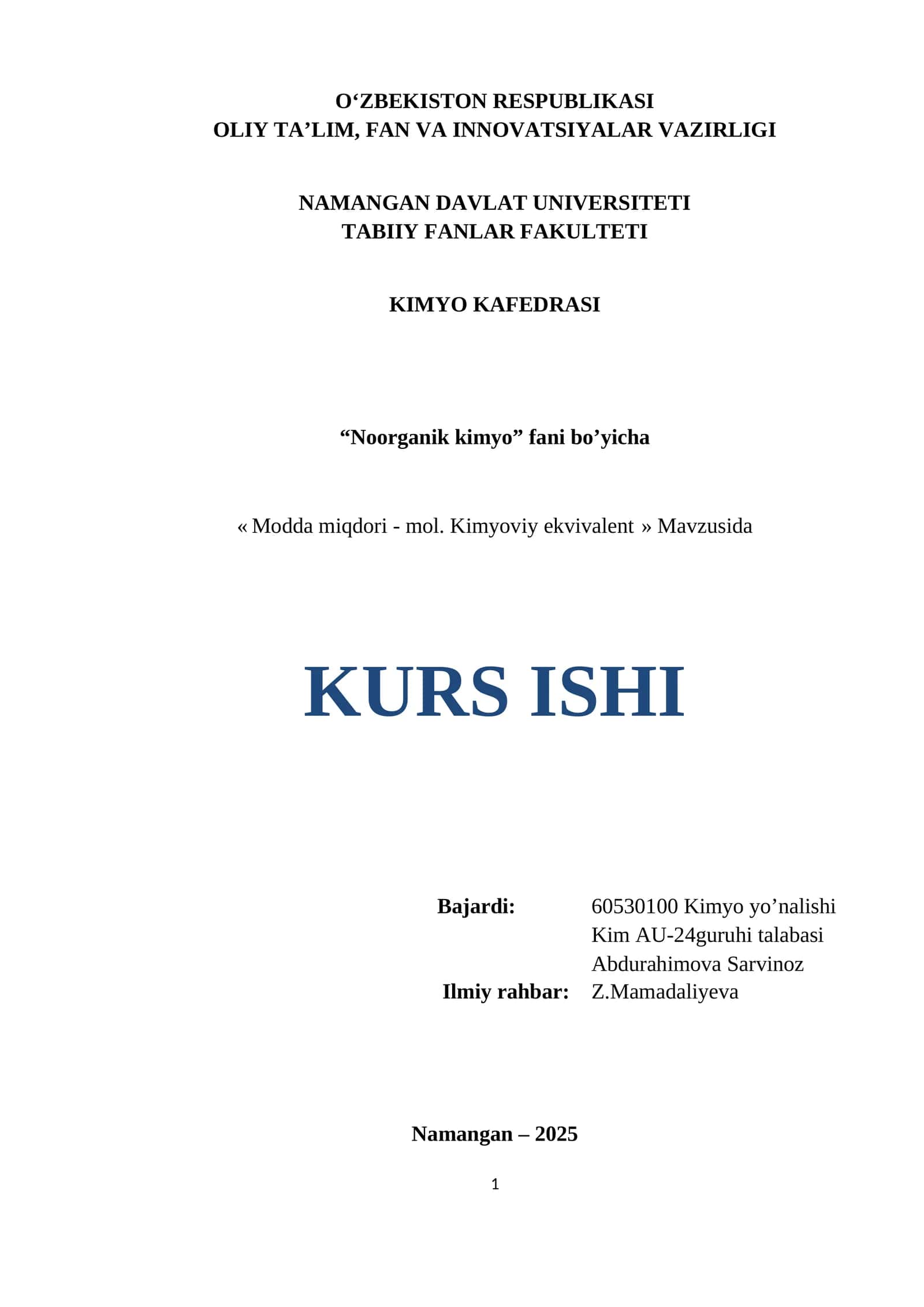 Modda miqdori - mol. Kimyoviy ekvivalent 1