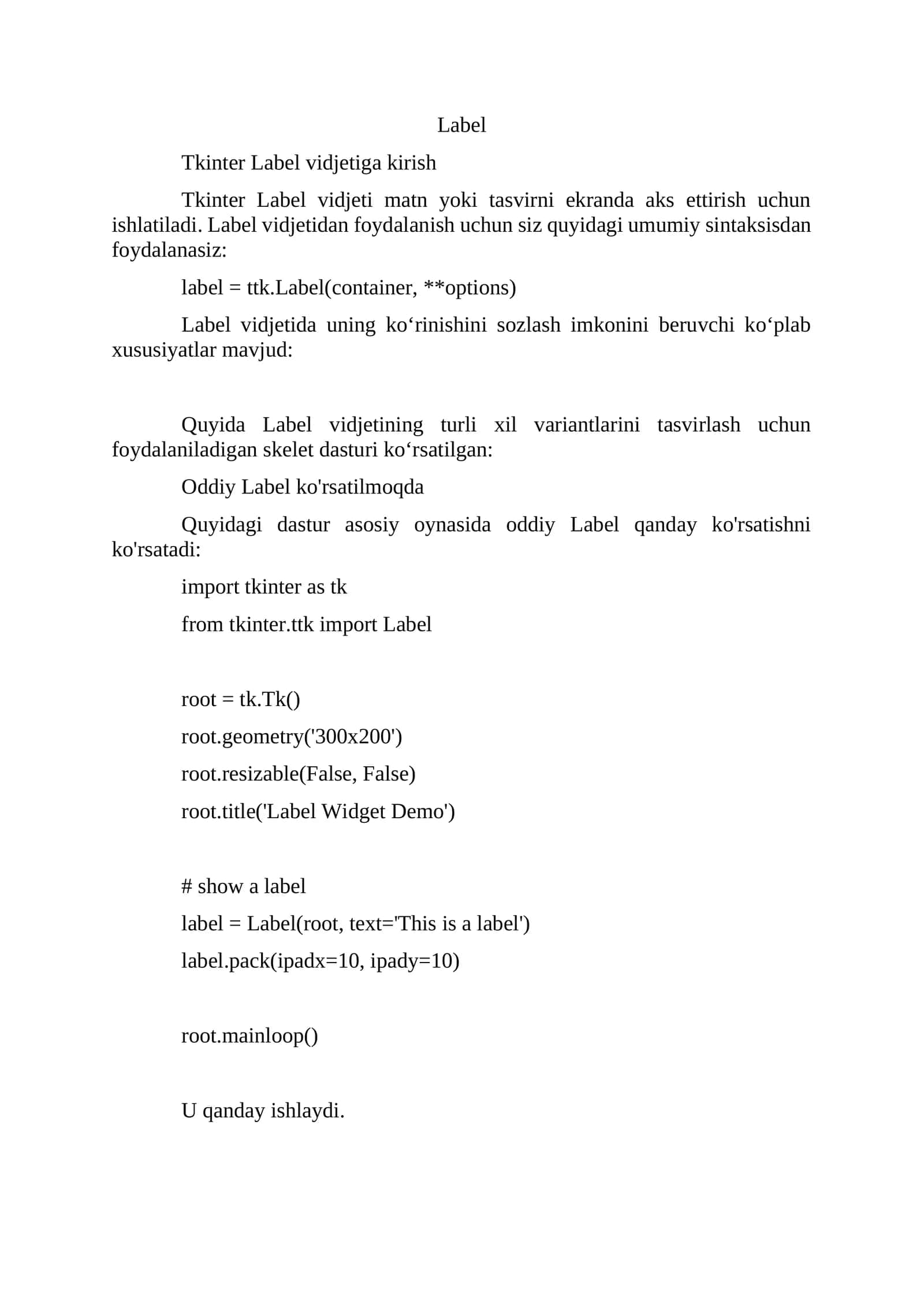 Tkinter Label vidjetiga kirish 1