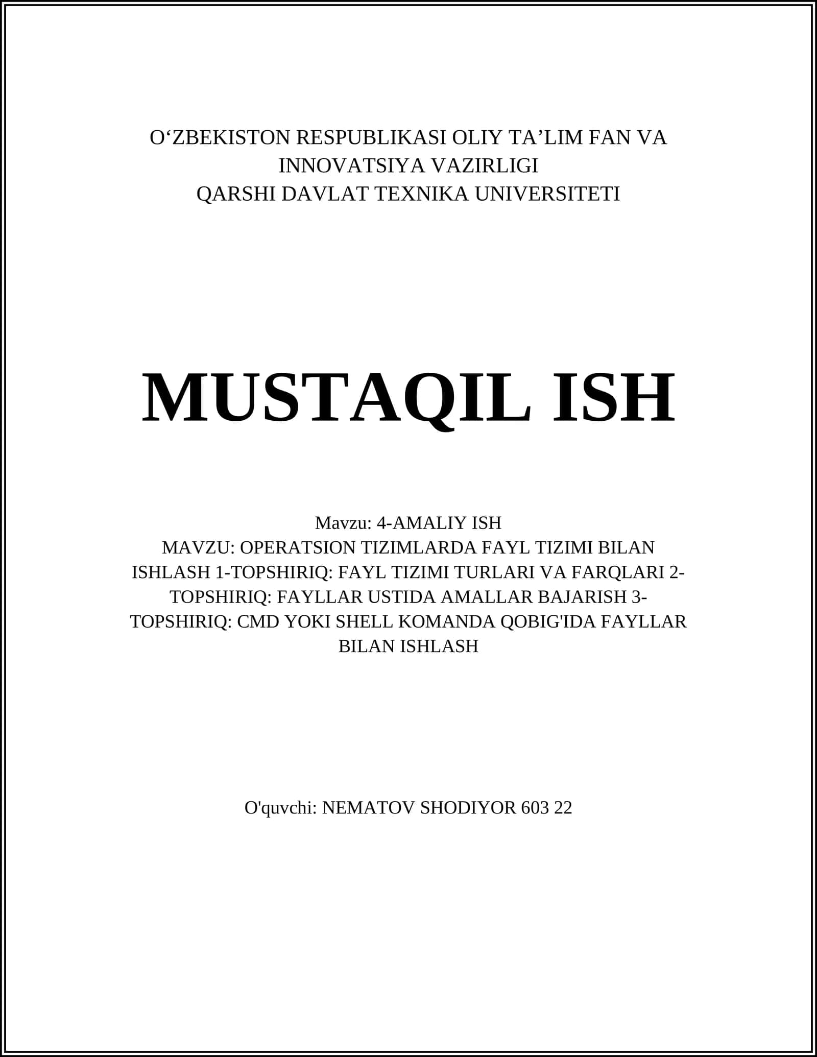 AMALIY ISH: OPERATSION TIZIMLARDA FAYL TIZIMI BILAN ISHLASH 1