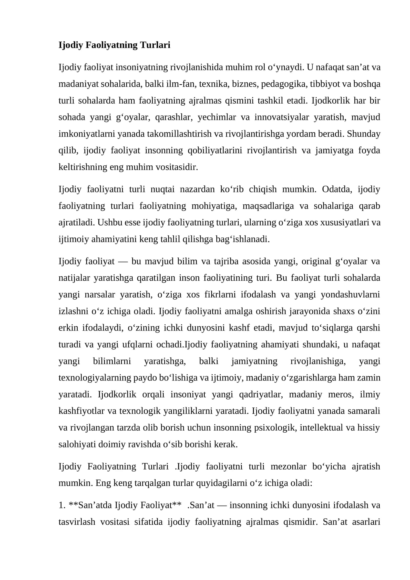 Ijodiy Faoliyatning Turlari 1