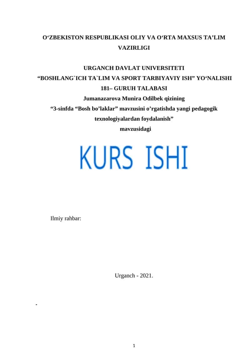 3-sinfda “Bosh bo’laklar” mavzusini o’rgatishda yangi pedagogik texnologiyalardan foydalanish 1
