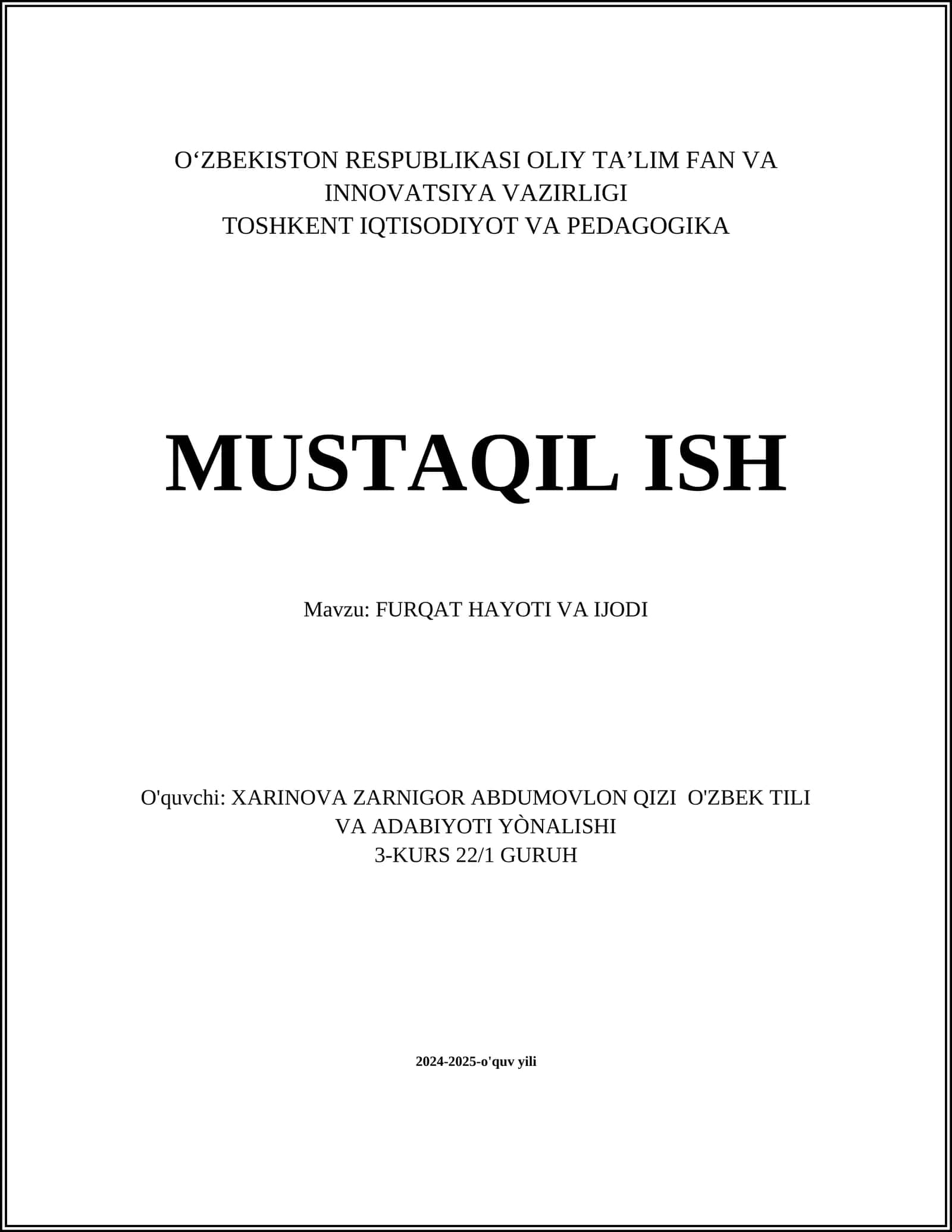 FURQAT HAYOTI VA IJODI 1
