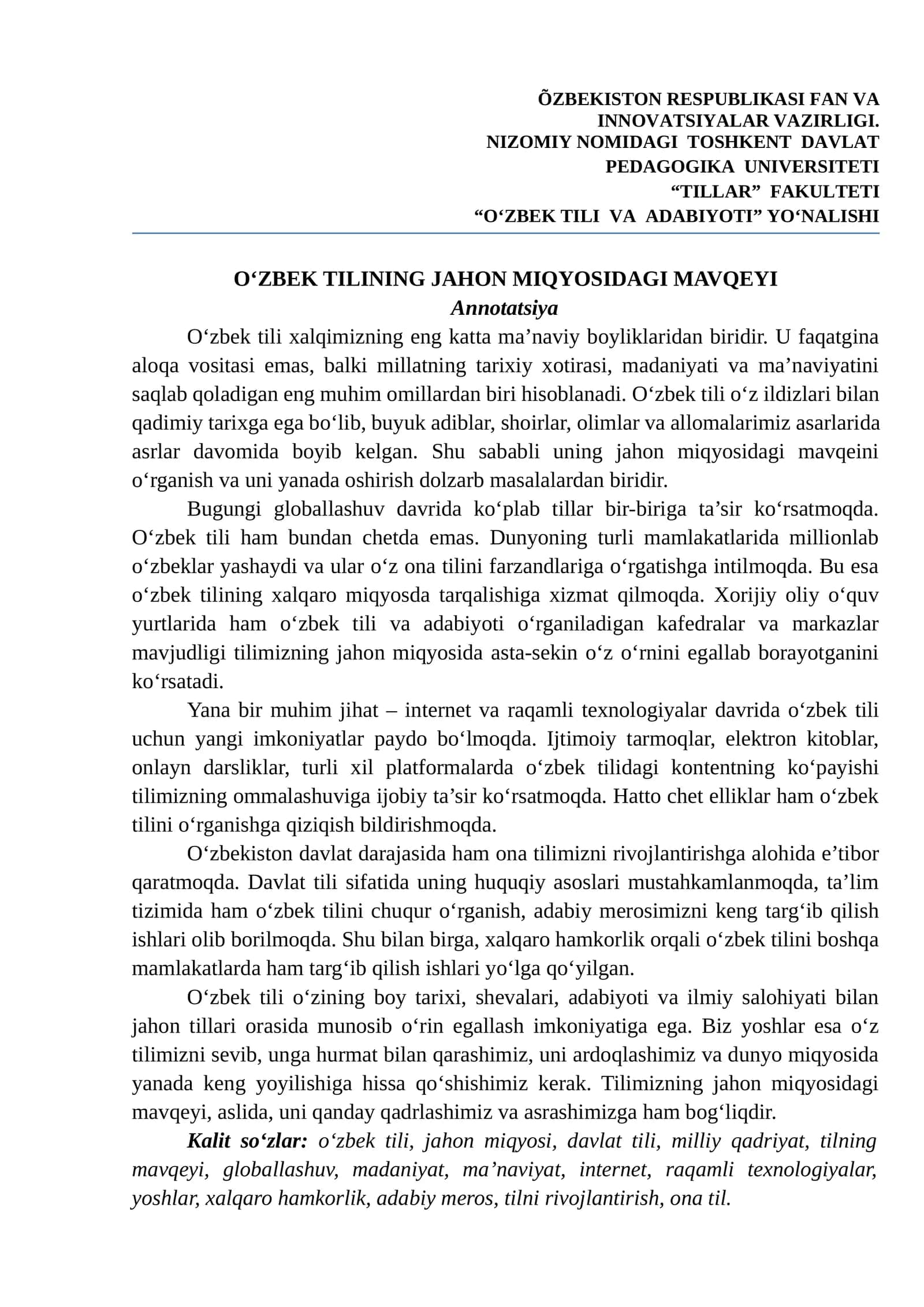 O‘ZBEK TILINING JAHON MIQYOSIDAGI MAVQEYI maqola 1