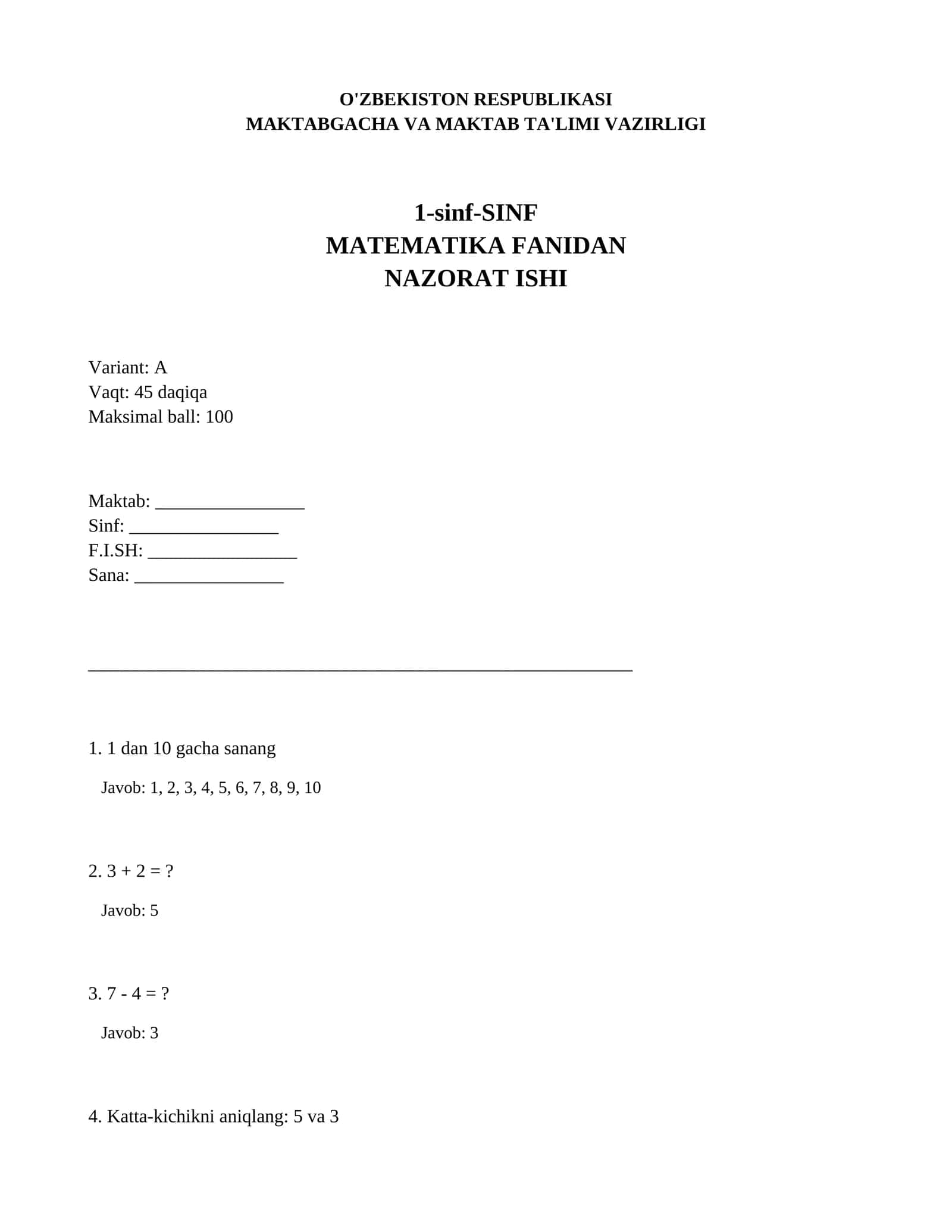 Matematika Fanidan Nazorat Ishi Variant A 1