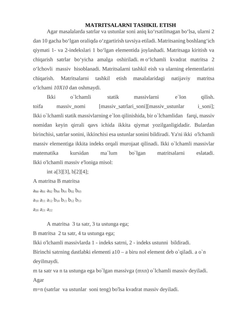 MATRITSALARNI TASHKIL ETISH mustaqil ish 1