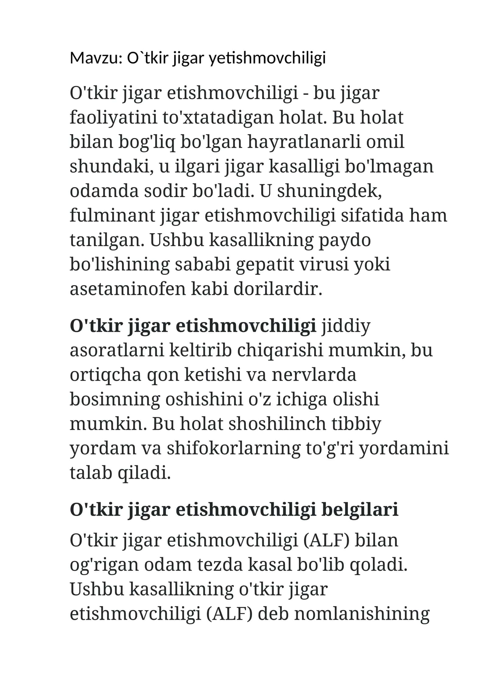 O'tkir jigar yetishmovchiligi 1