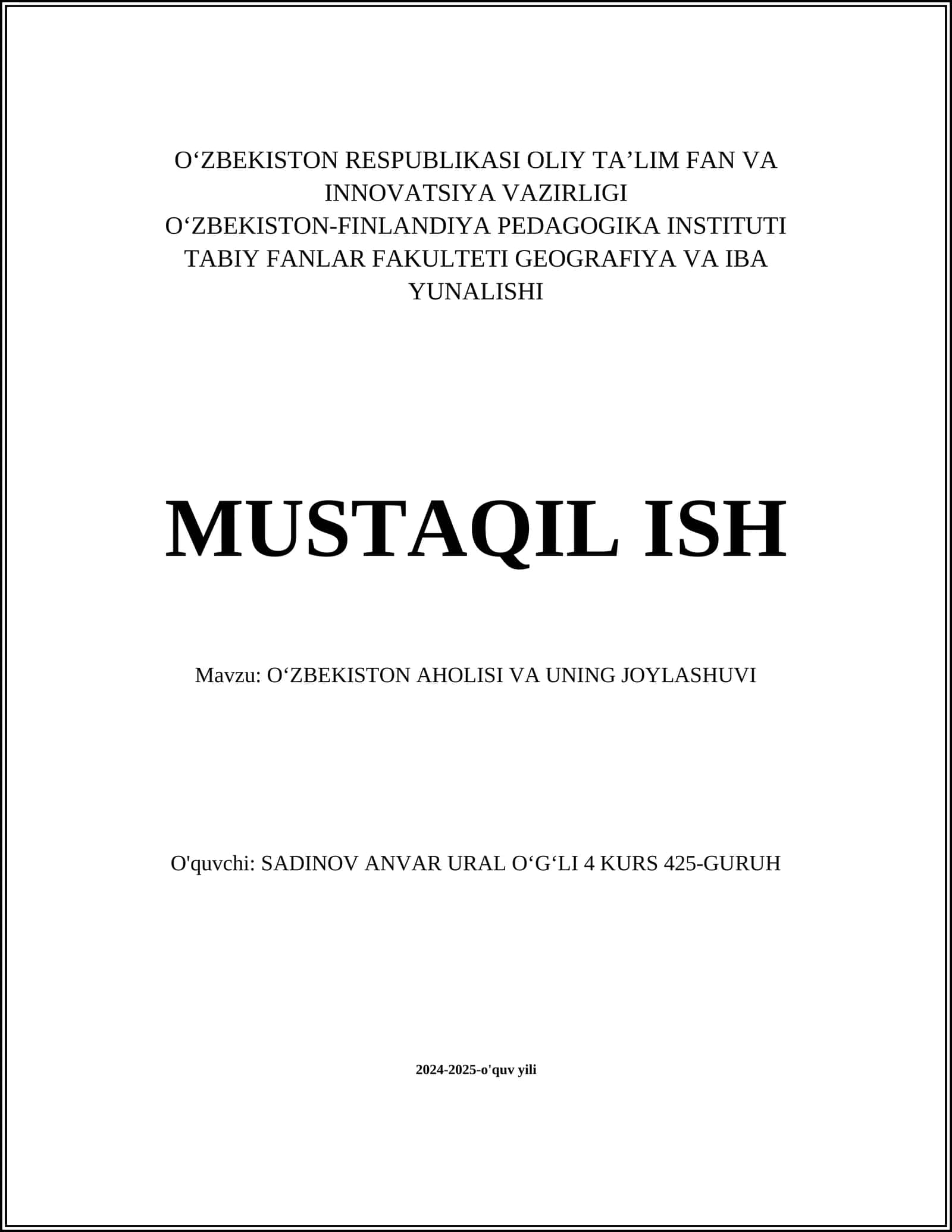 O‘ZBEKISTON AHOLISI VA UNING JOYLASHUVI 1