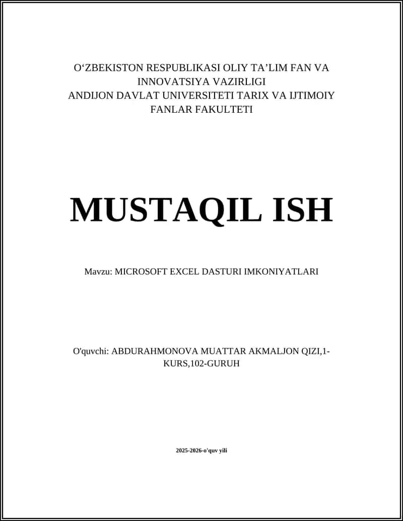 MICROSOFT EXCEL DASTURI IMKONIYATLARI 1