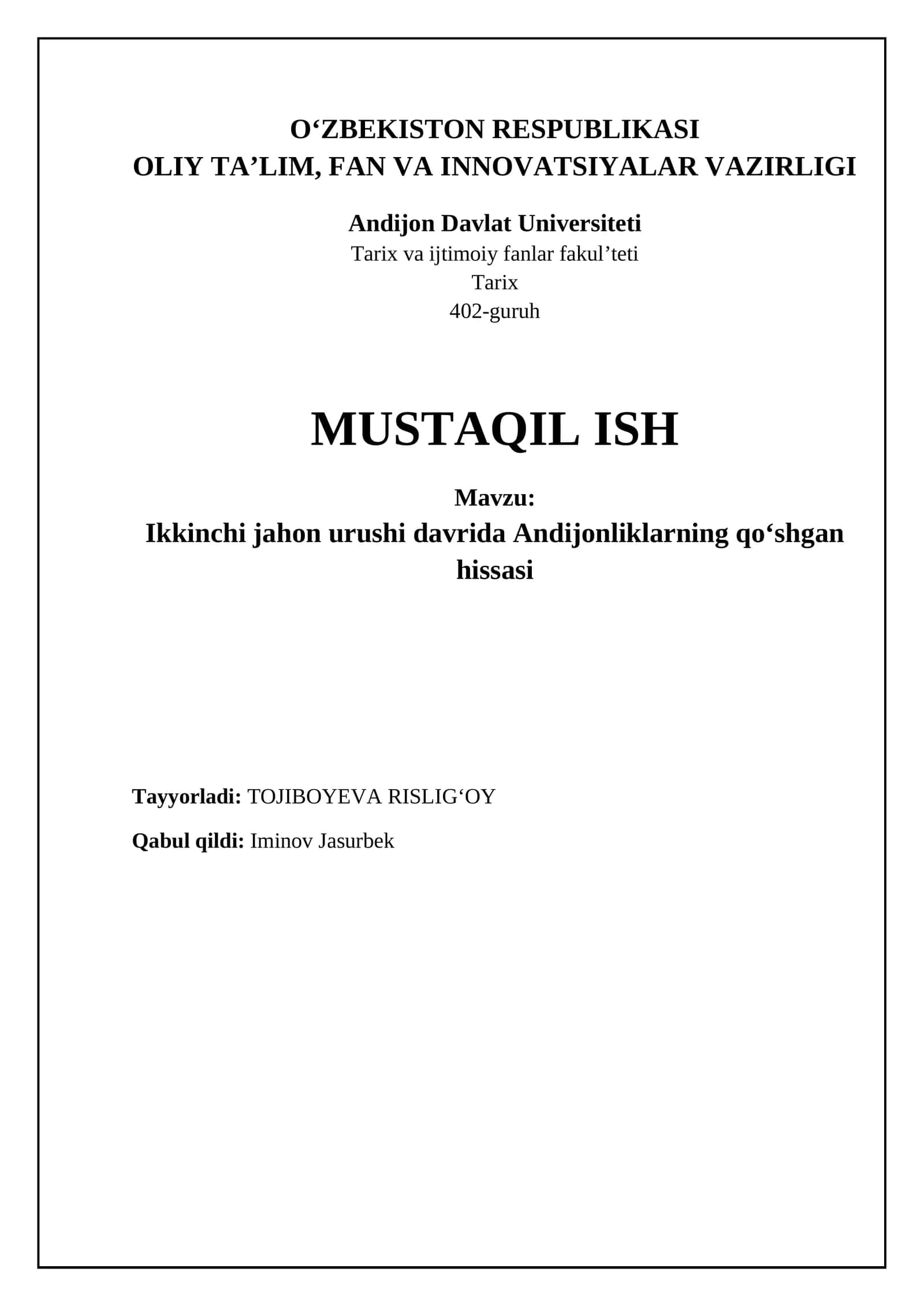 Ikkinchi jahon urushi davrida Andijonliklarning qo‘shgan hissasi 1