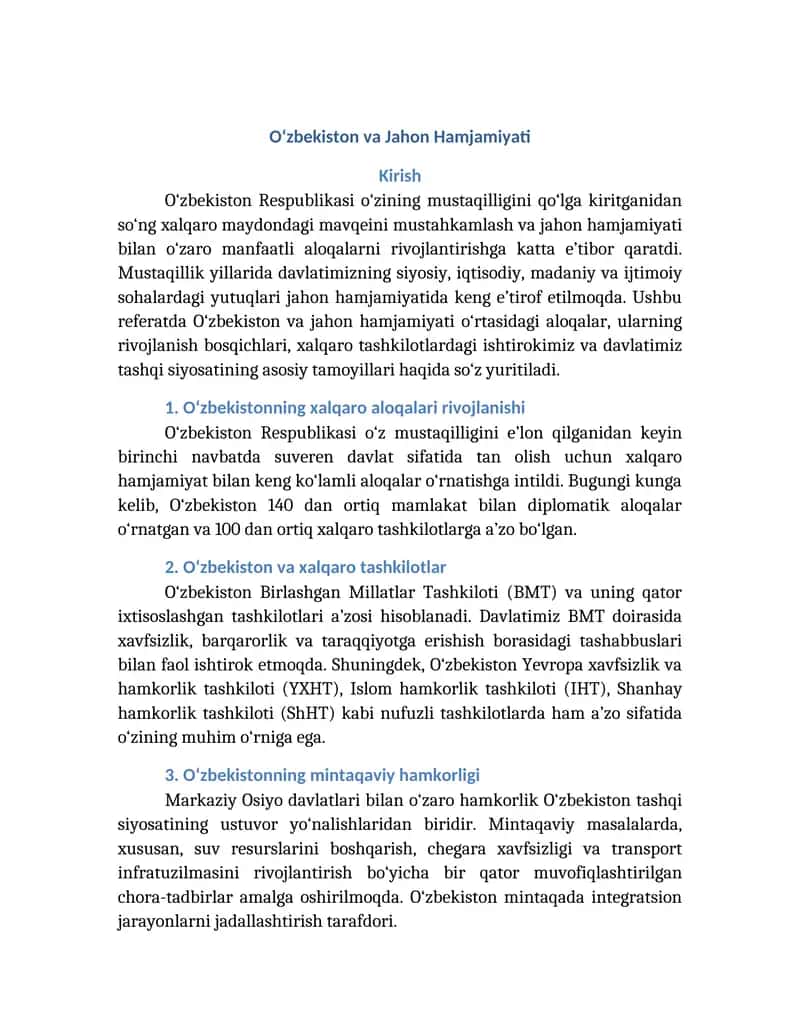 O‘zbekiston va Jahon Hamjamiyati 1