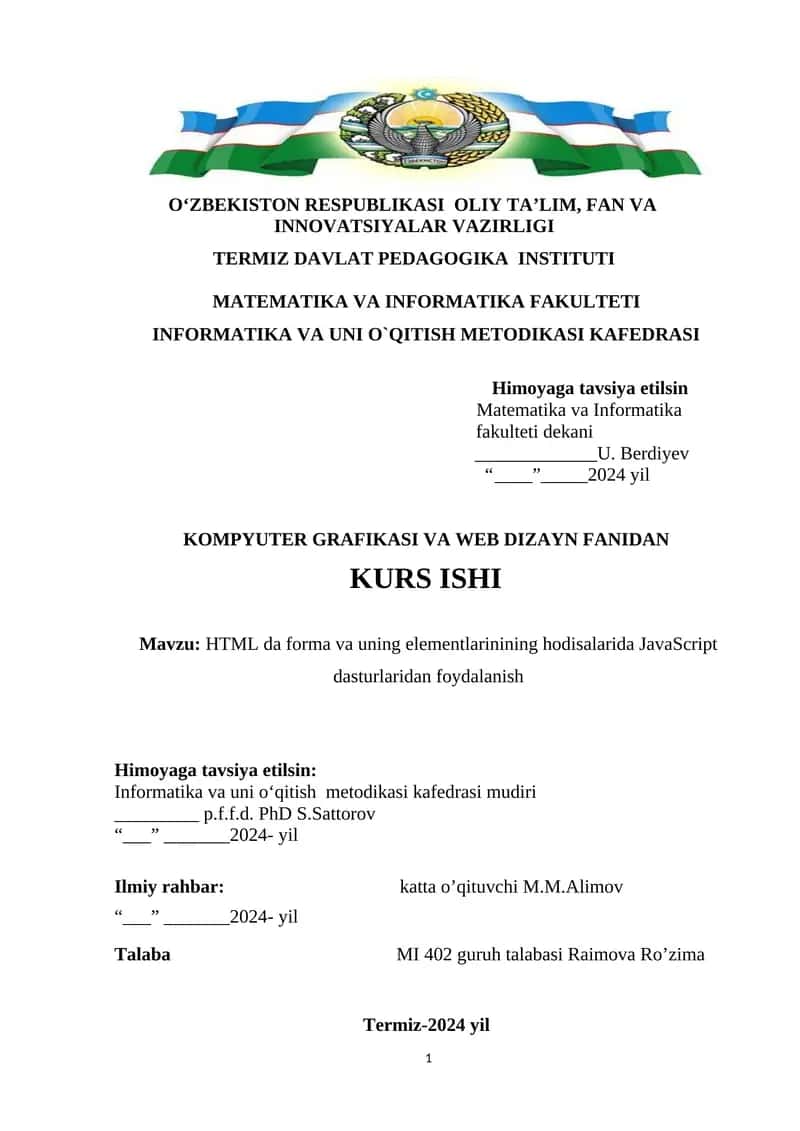 HTML da forma va uning elementlarinining hodisalarida JavaScript dasturlaridan foydalanish 1