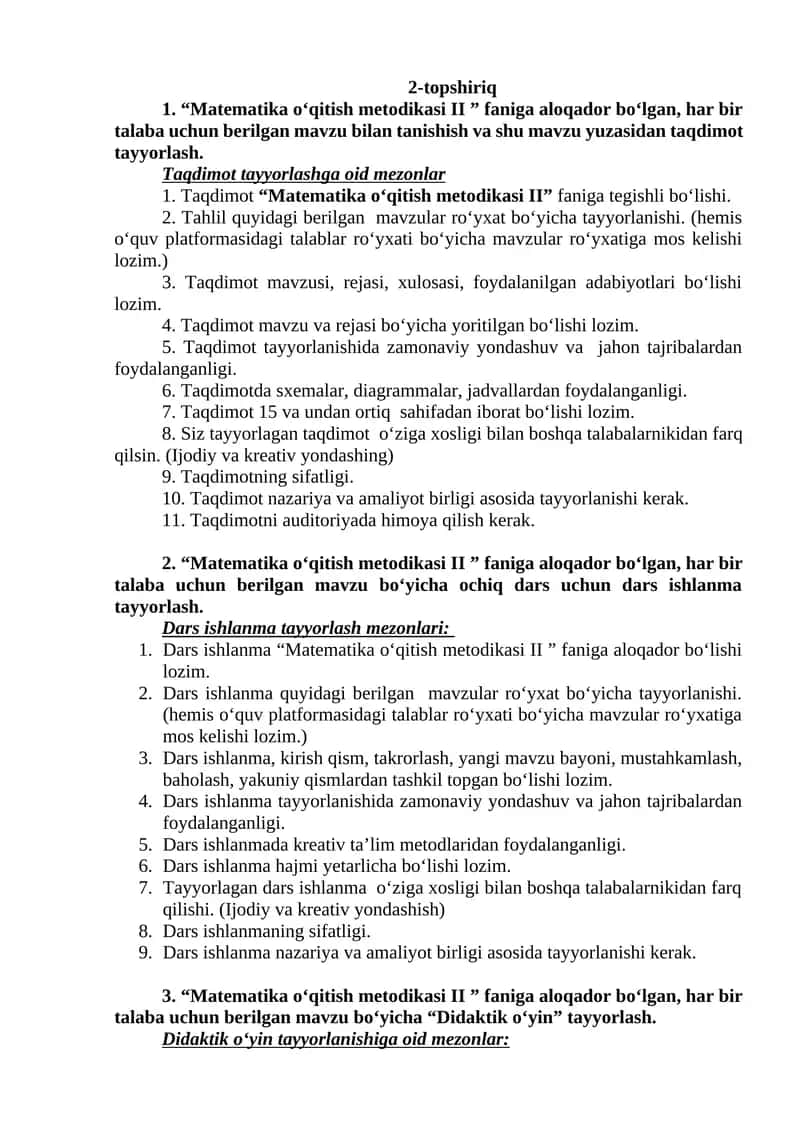 Matematika oʻqitish metodikasi II 1