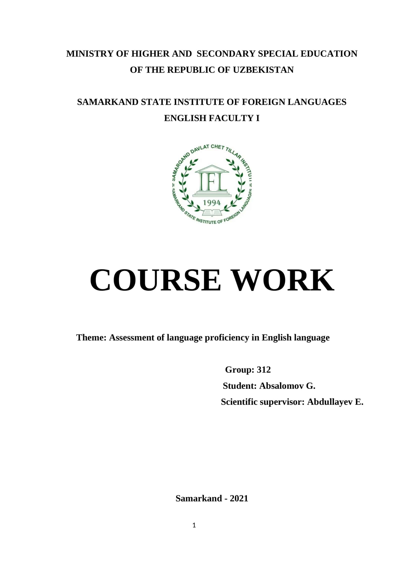 Course Work: Assessment of language proficiency in English language 1