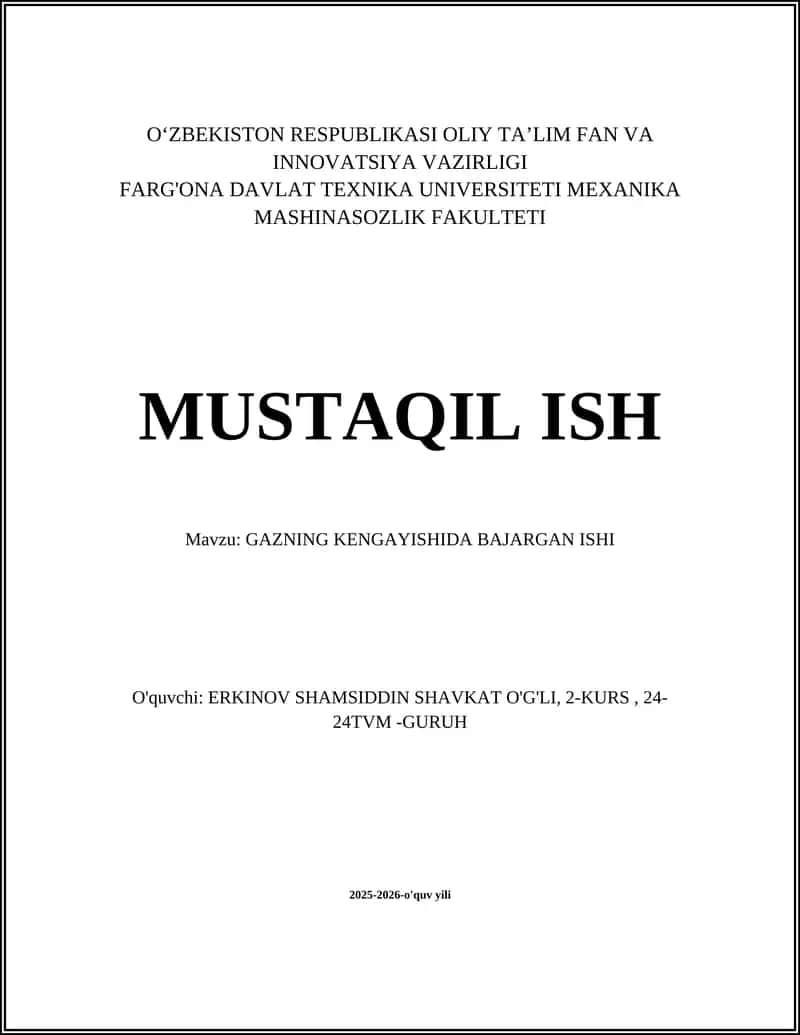 Gazning Kengayishida Bajarilgan Ish 1