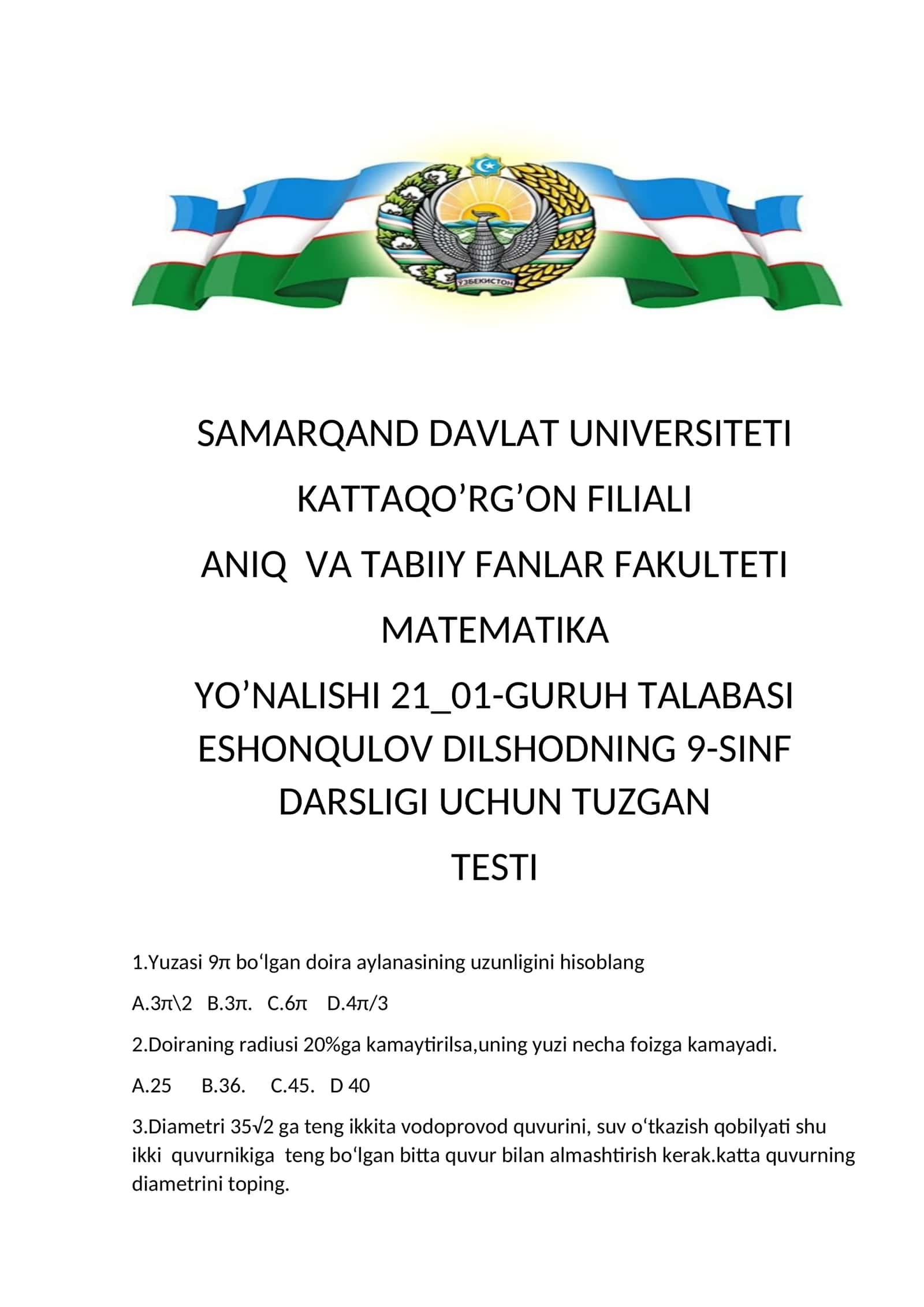 MATEMATIKA TESTI 1