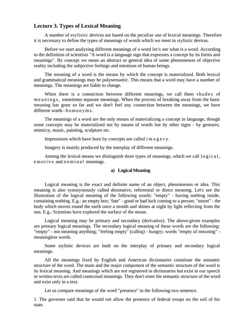 Lecture 3. Types of Lexical Meaning 1