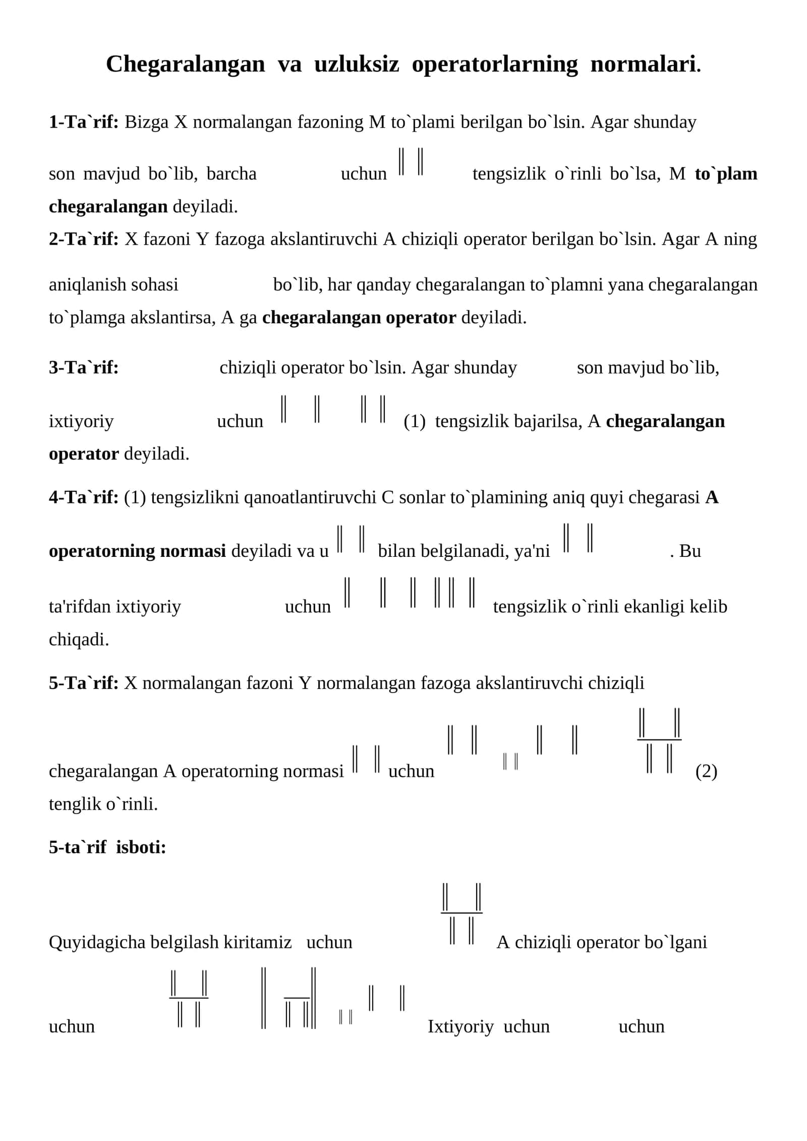 Chegaralangan va uzluksiz operatorlarning normalari 1