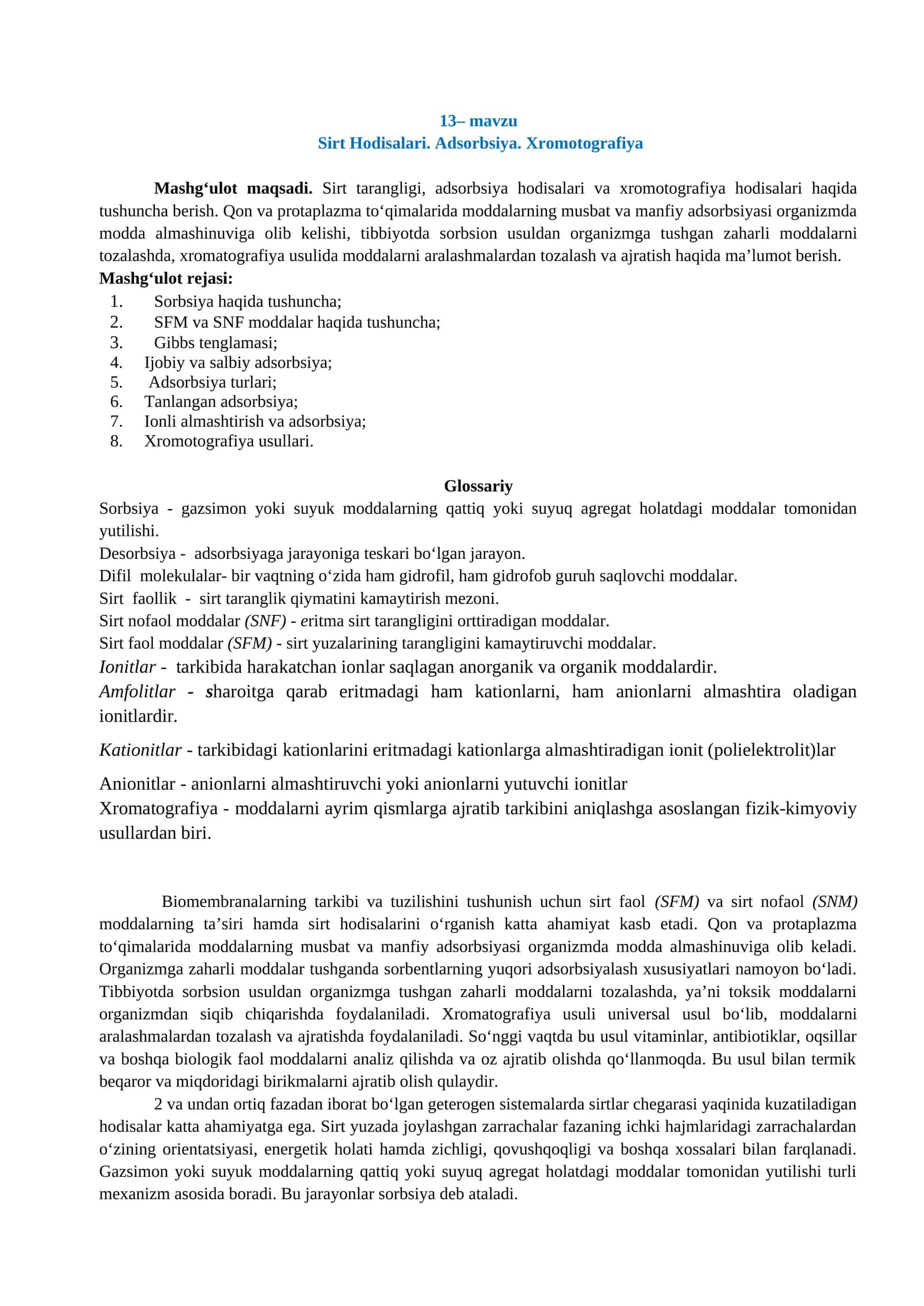 Sirt Hodisalari. Аdsorbsiya. Xromotografiya 1