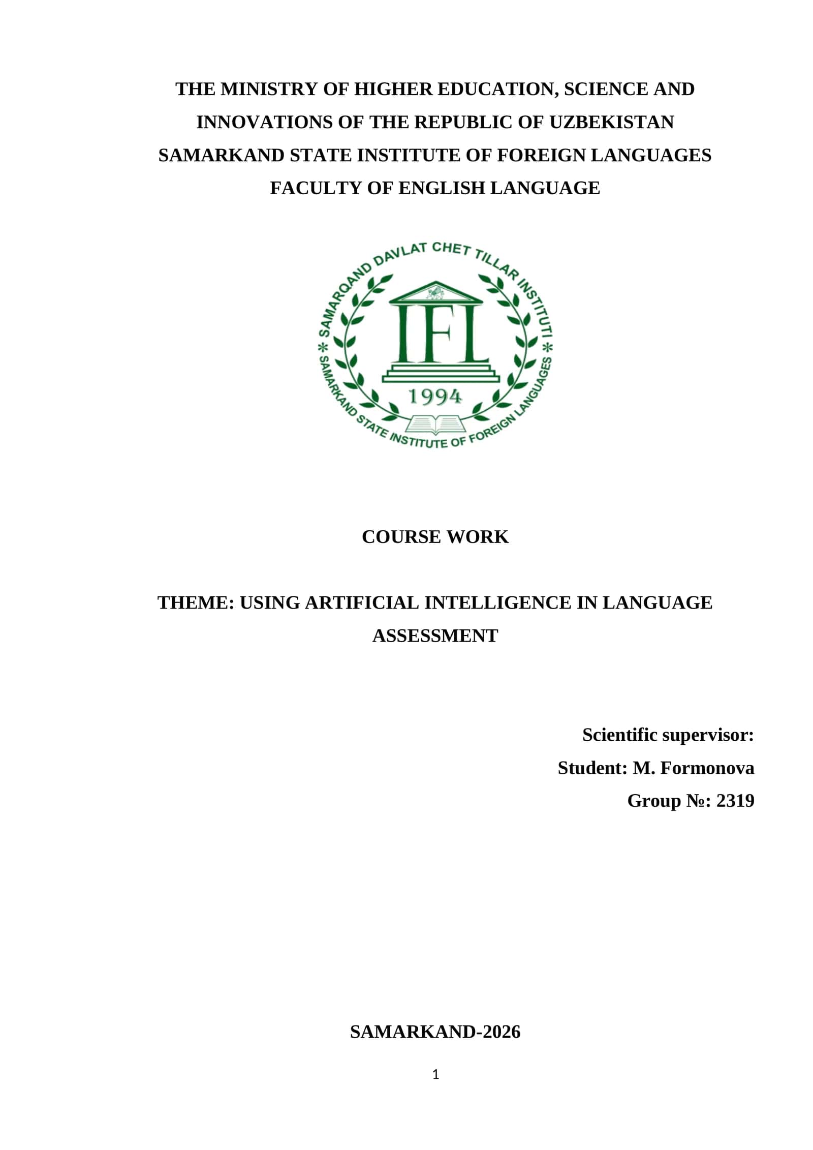 COURSE WORK THEME: USING ARTIFICIAL INTELLIGENCE IN LANGUAGE ASSESSMENT 1