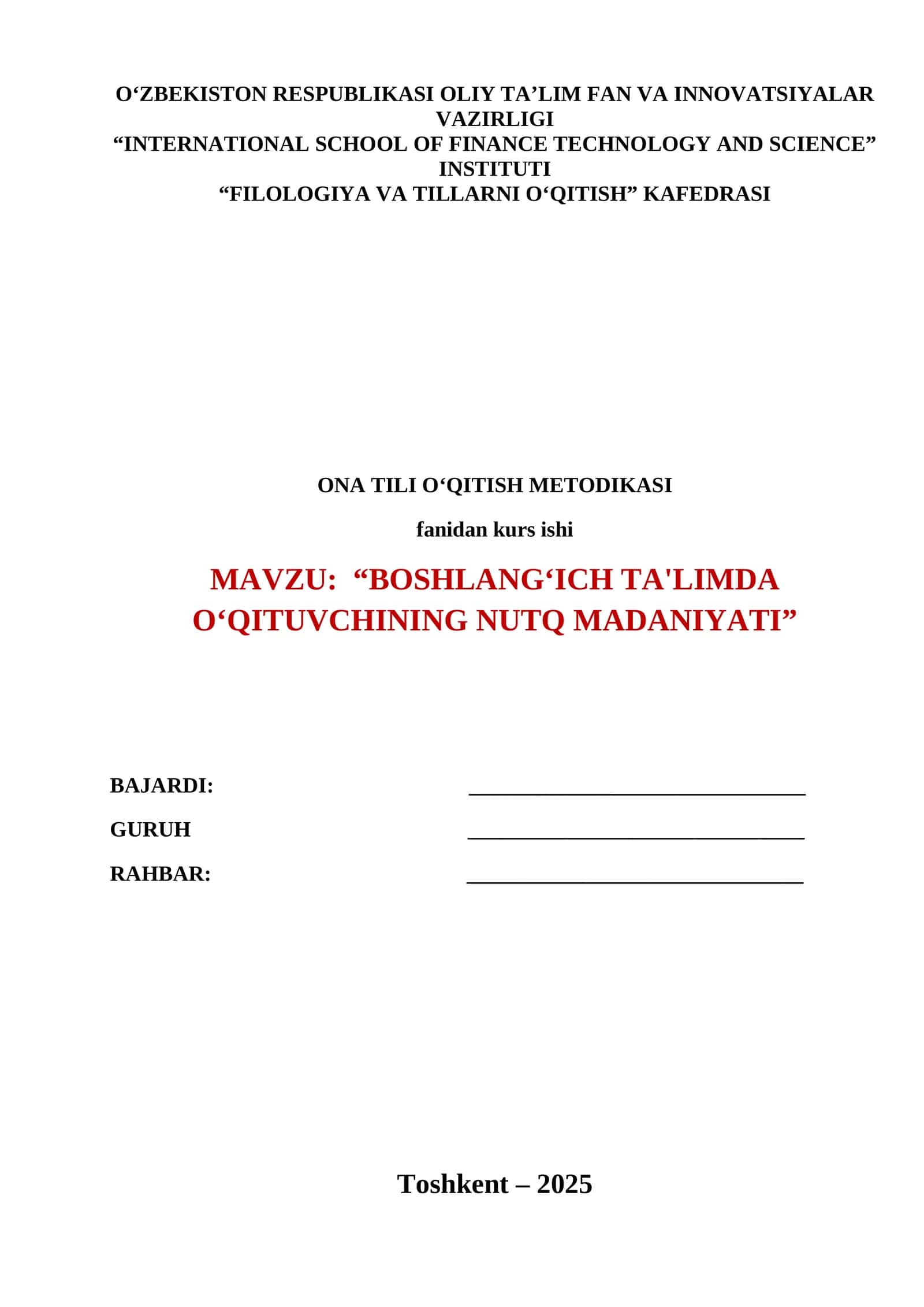 BOSHLANGʻICH TA'LIMDA OʻQITUVCHINING NUTQ MADANIYATI 1