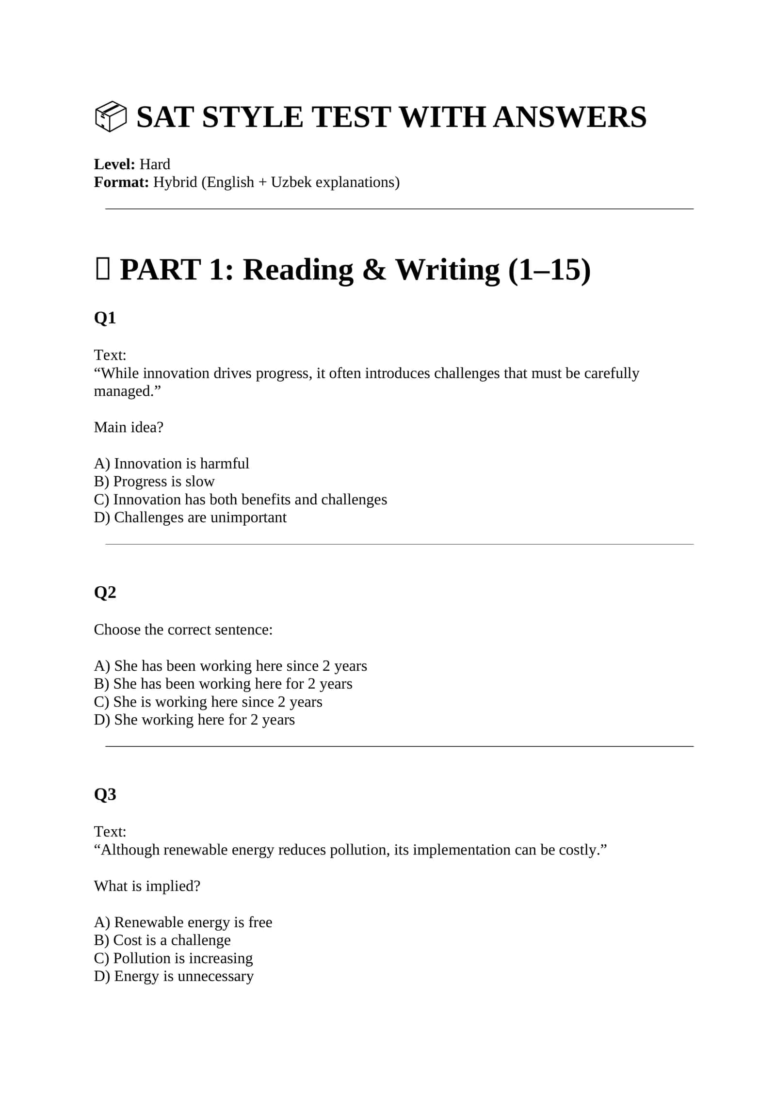 SAT STYLE TEST WITH ANSWERS 1