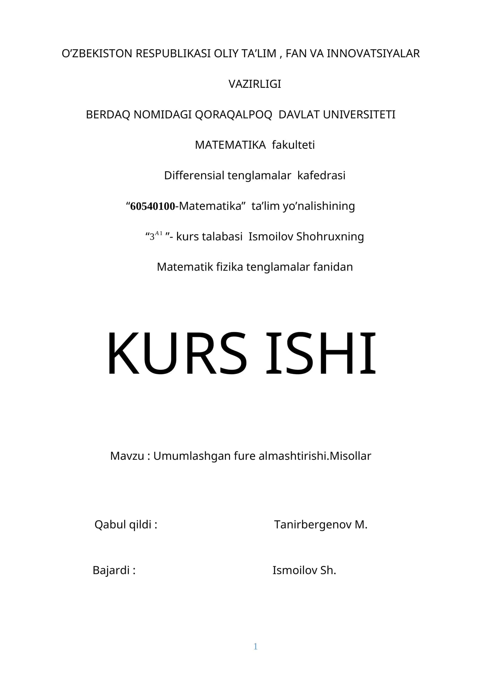 Umumlashgan fure almashtirishi.Misollar 1