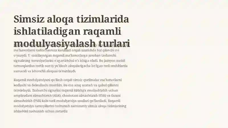 Simsiz aloqa tizimlarida ishlatiladigan raqamli modulyatsiya